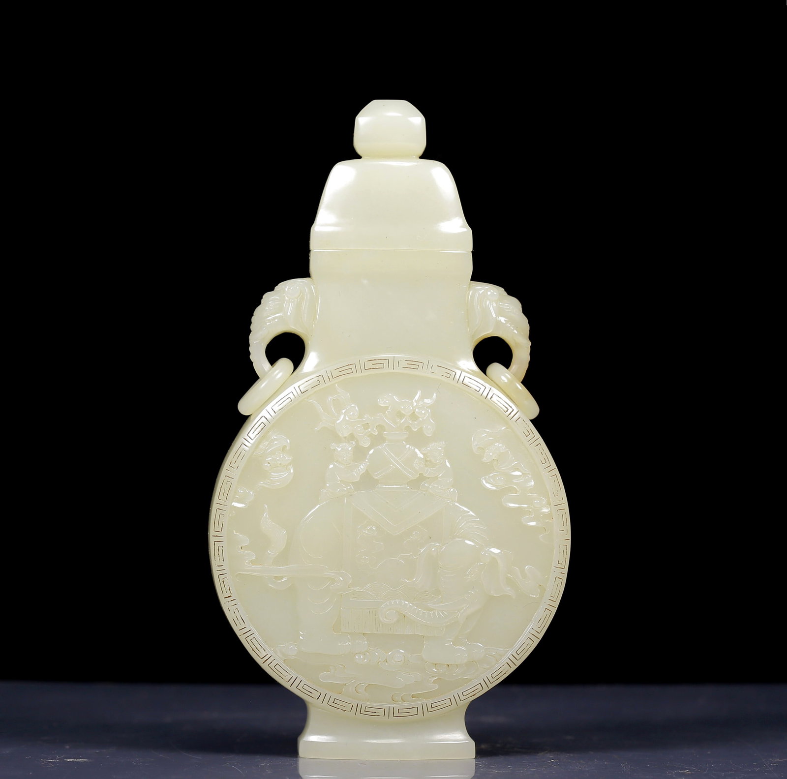 An Exquisite White Jade Figure Pattern Elephant-Ears Bottle (1 of 10)