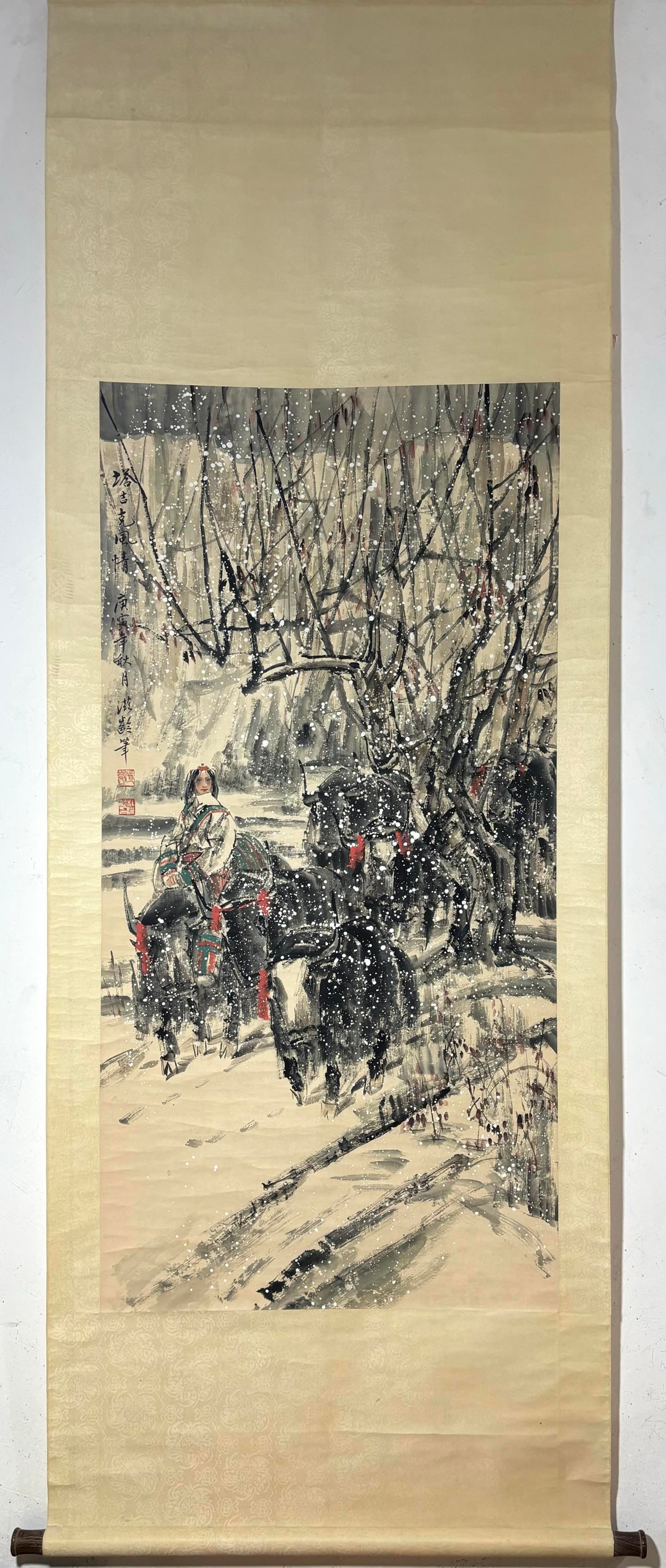 A Chinese Vertical Scroll Ink Painting of Character and Story on Paper: A Chinese Vertical Scroll Ink Painting of Character and Story on Paper,Du Ziling,Size:53.5inx26.4in 一幅中国水墨人物故事画立$