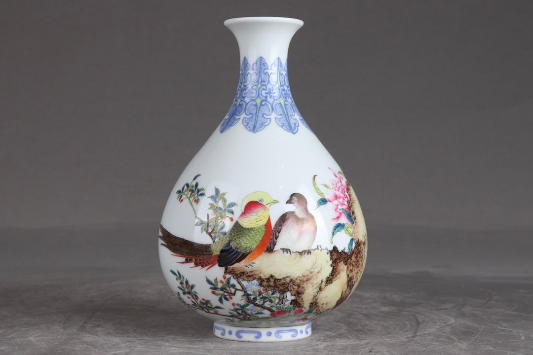 An Exquisite Enamel Flower and Bird Pattern Vase,with poem: An Exquisite Enamel Flower and Bird Pattern Vase,with poem,Qing Dynasty,China,Qianlong Four-character Mark,Size:6.5inx4.3in 珐琅彩花鸟纹瓶,带诗