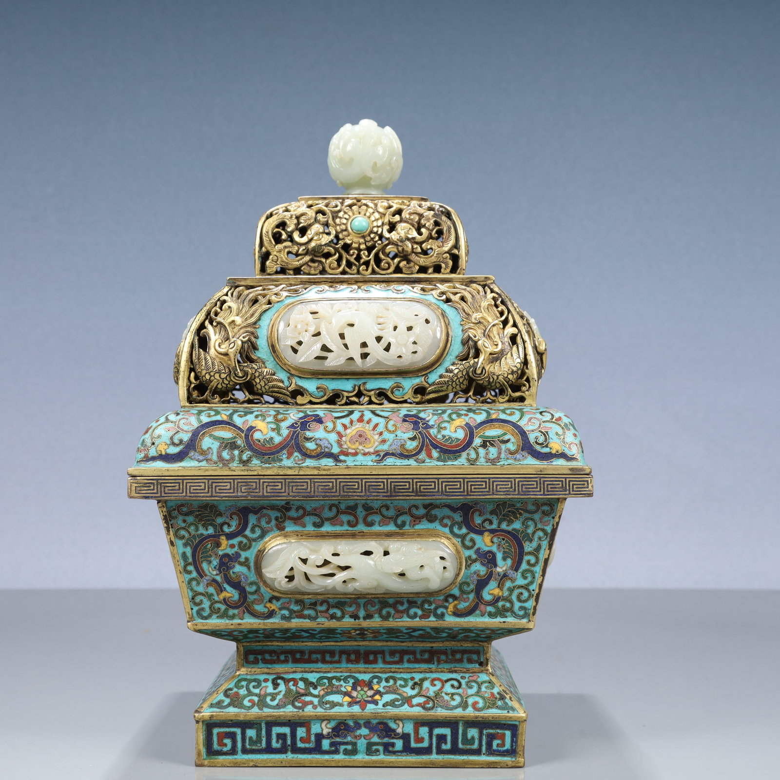 A Rare Cloisonne Inlaid White Jade Hollow Lotus,Dragon and Phoenix Pattern Censer: A Rare Cloisonne Inlaid White Jade Hollow Lotus,Dragon and Phoenix Pattern Censer,Qing Dynasty, China,Qianlong Four-character Mark,Size:7.5inx11.8in,Weight:3550g 景泰蓝嵌௙