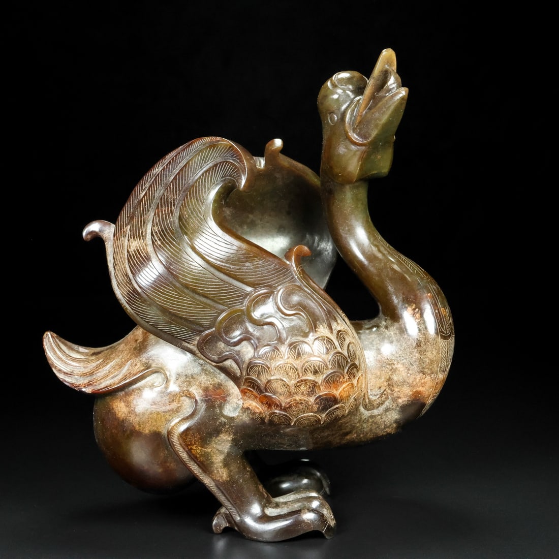 An Exquisite Archaic Jade Crane Ornament: An Exquisite Archaic Jade Crane Ornament,Ancient Time,China,Size:7.1inx4.3inx7.7in,Weight:1891g 高古玉仙鹤摆件,中国远古时期