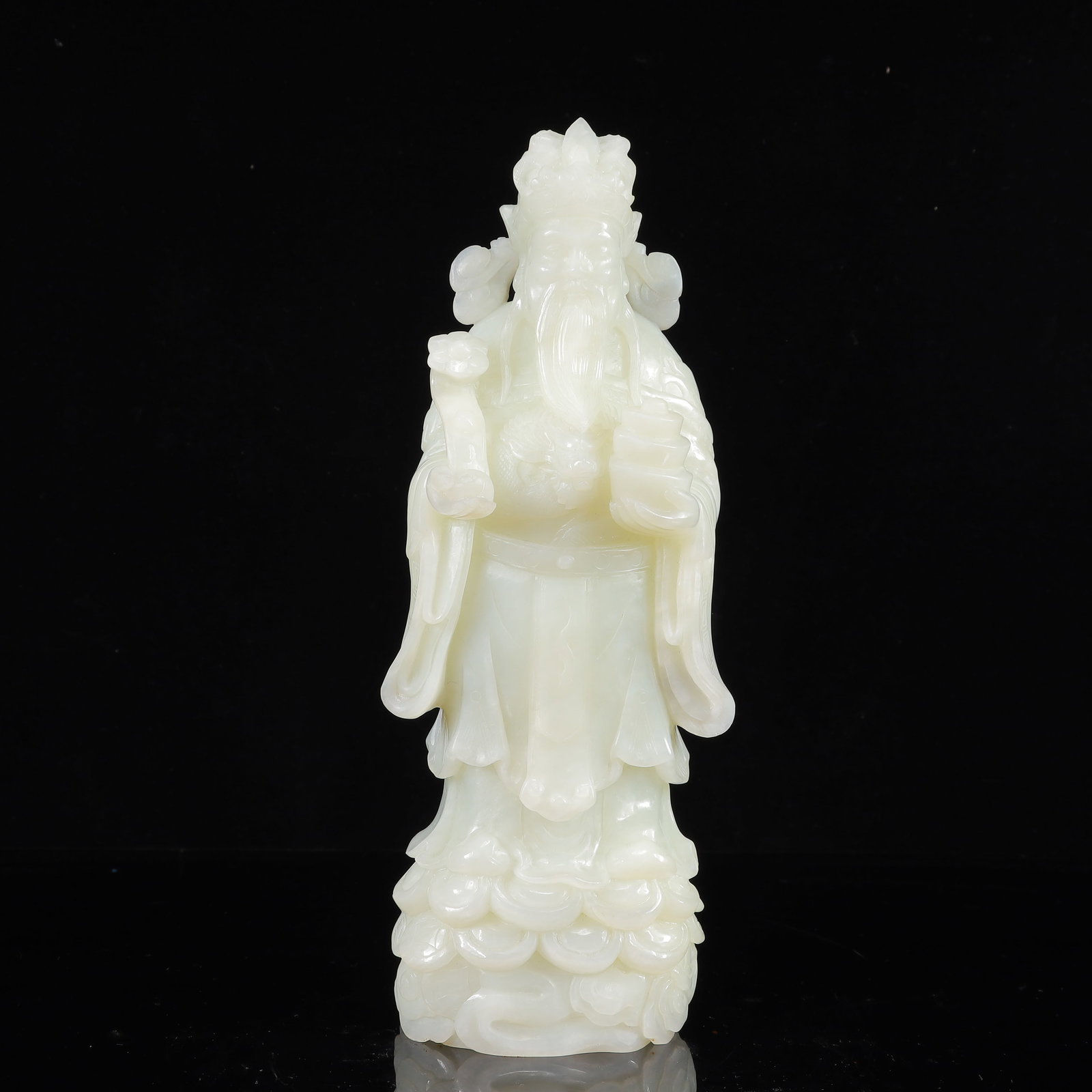 An Exquisite White Jade Statue of Mammon: An Exquisite White Jade Statue of Mammon,Qing Dynasty,China,Size:3.9inx2.4inx11.8in,Weight:2950g 白玉财神像,中国清代