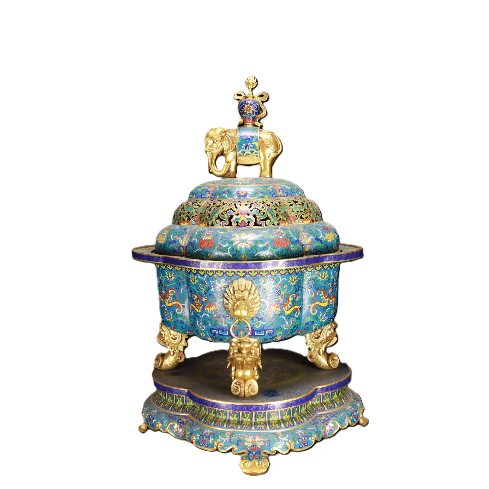 An Exquisite Cloisonne Lotus and Phoenix Pattern Tripod Censer,with Base: An Exquisite Cloisonne Lotus and Phoenix Pattern Tripod Censer,with Base,Qing Dynasty,China,Qianlong Four-character Mark,Size:15inx26.4in,Weight:27250g 景泰蓝缠枝莲