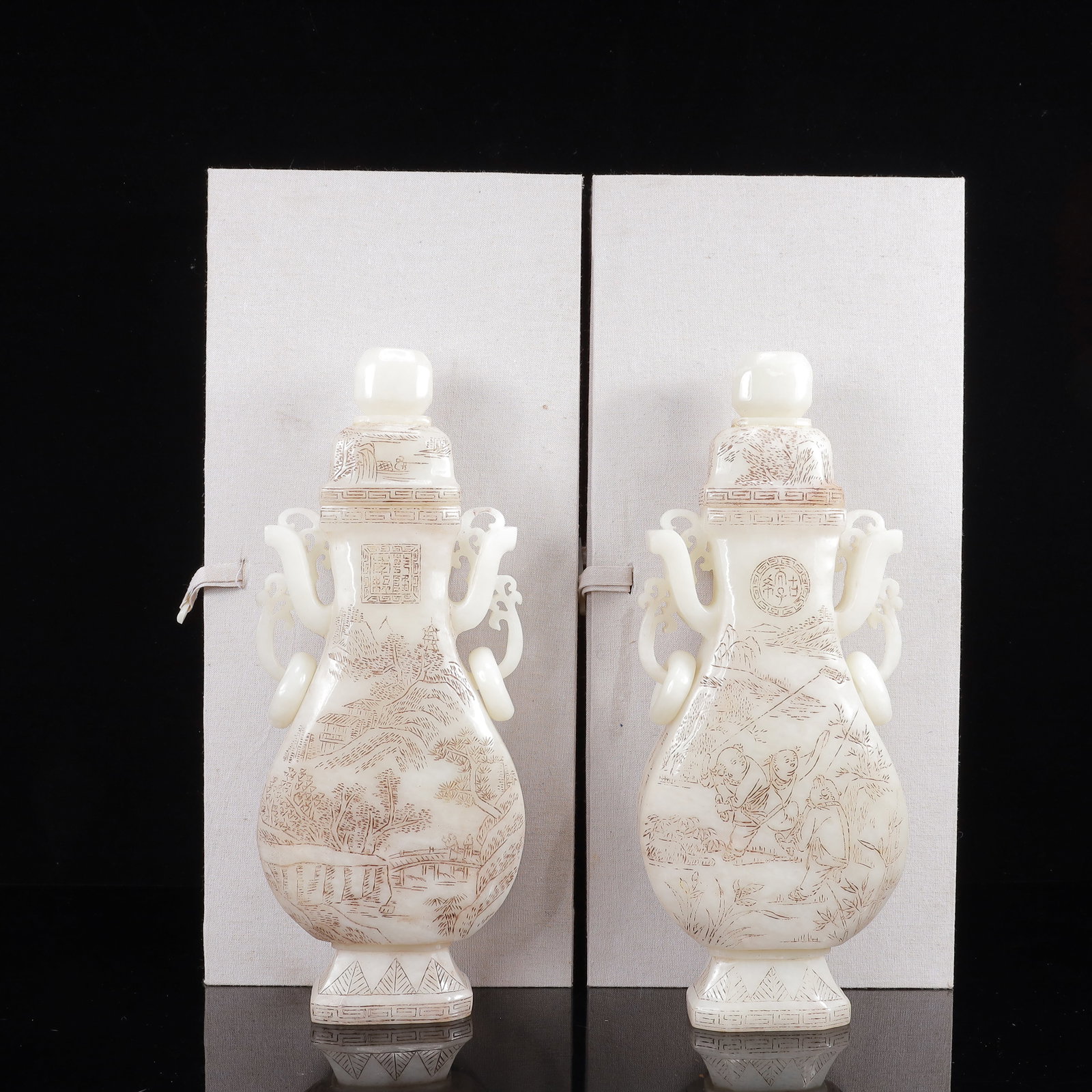 A Pair of Exquisite White Jade Figure and Story Pattern Double-Ears Bottles,with Poem: A Pair of Exquisite White Jade Figure and Story Pattern Double-Ears Bottles,with Poem,Qing Dynasty,China,Size:4.7inx1.6inx11.8in,Weight:3677g 一对白玉人物故&#