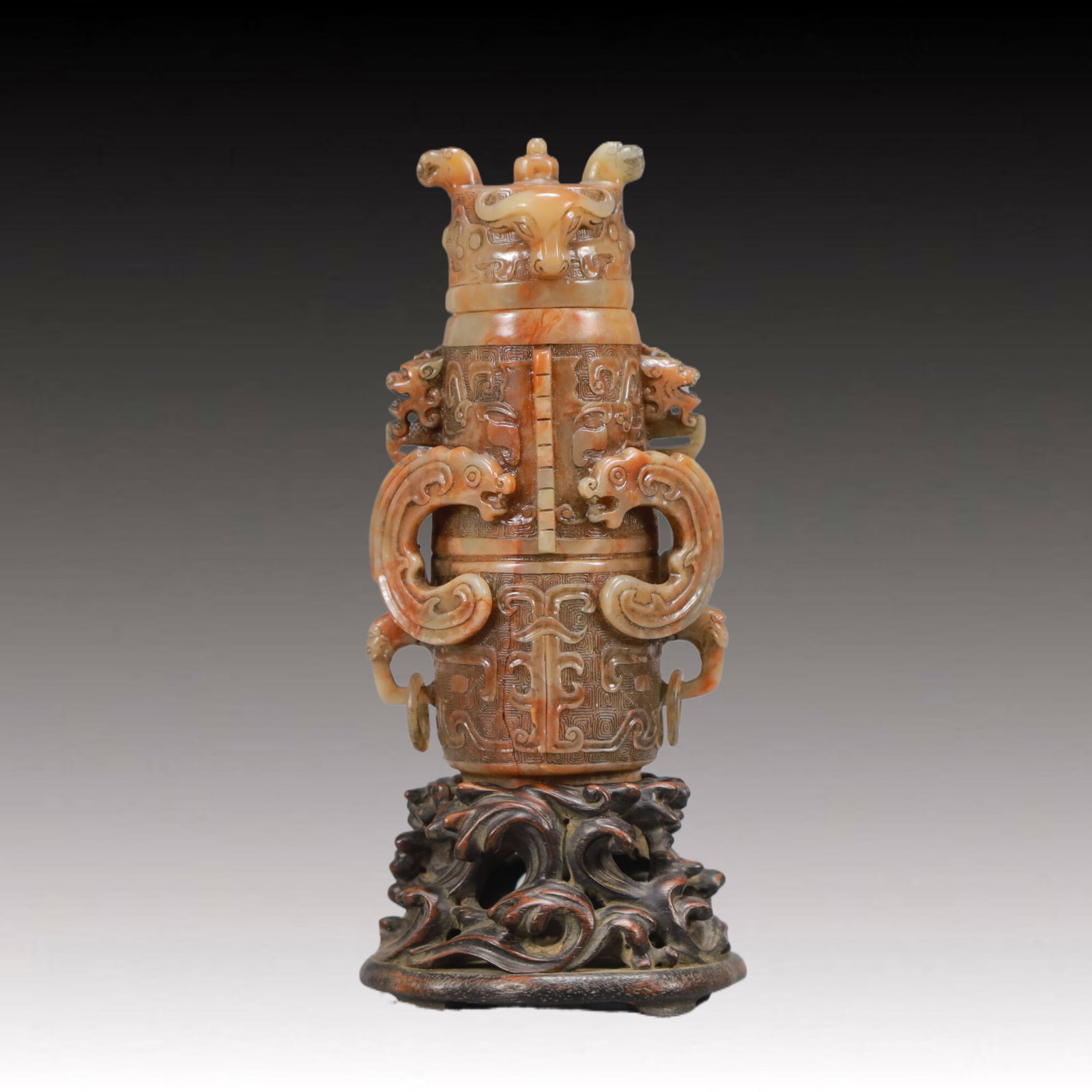 An Exquisite Shoushan Stone Beast-Face Pattern Dragon-Ears Vase (1 of 7)