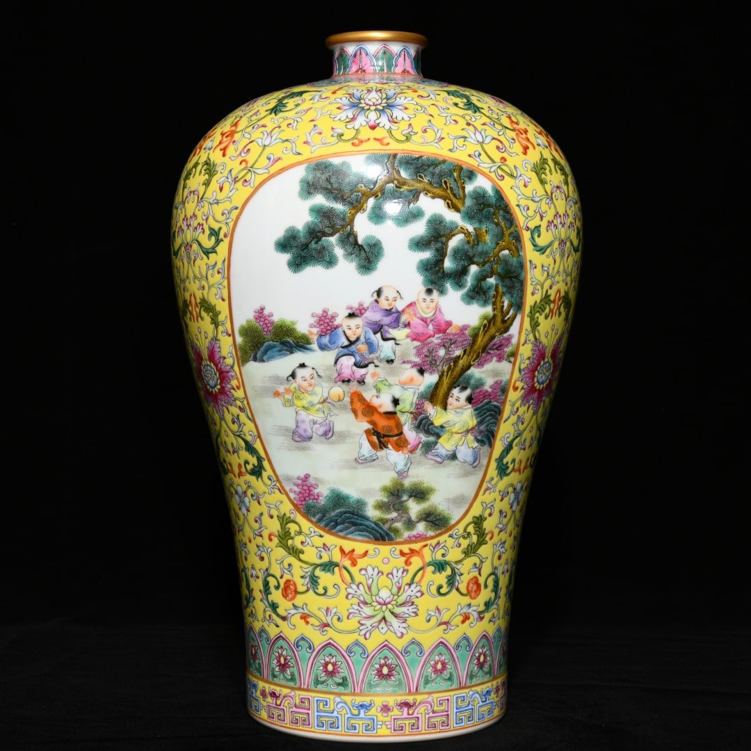 A Rare Yellow Ground Famille-Rose Character and Story Pattern Vase: A Rare Yellow Ground Famille-Rose Character and Story Pattern Vase,Qing Dynasty,China,Yongzheng Six-character Mark,Size:15inx9.1in 