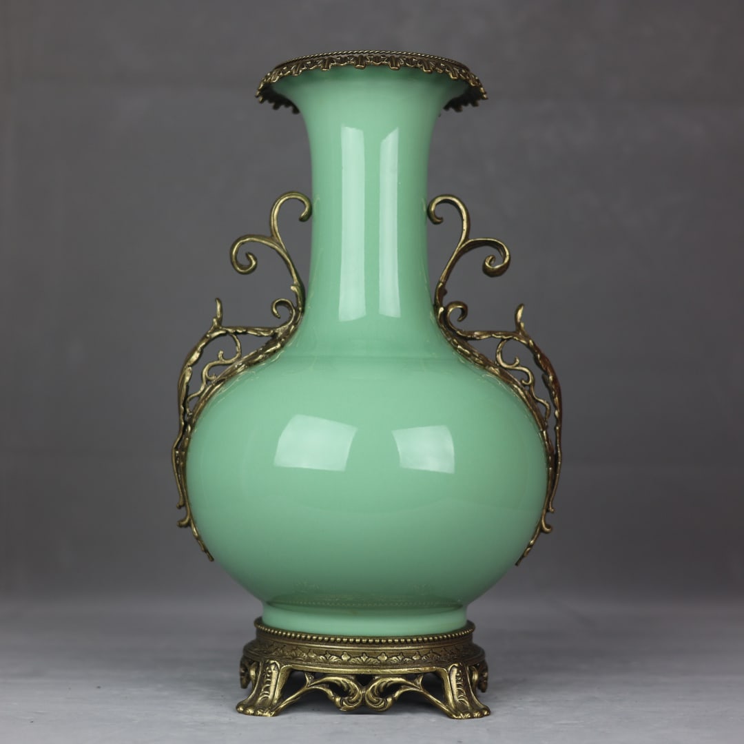 A Rare Celadon Glazed Inlaid Bronze Double-Ears Vase (1 of 8)