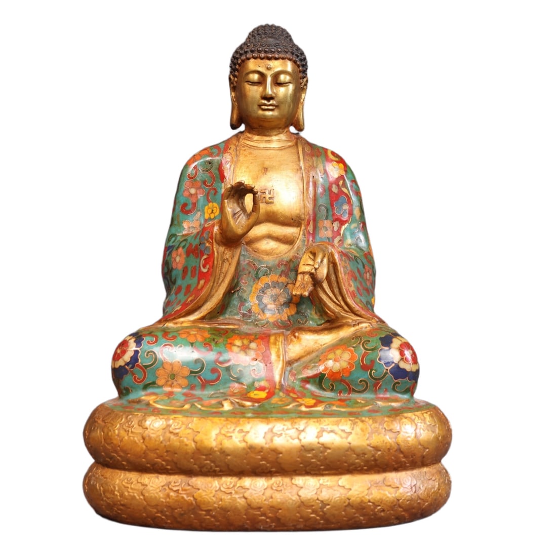 An Exquisite Gilt Bronze Cloisonne Lotus Pattern Statue of Sakyamuni: An Exquisite Gilt Bronze Cloisonne Lotus Pattern Statue of Sakyamuni,Ming Dynasty,China,Yongle Six-character Mark,Size:12.6inx9.1inx7.5in,Weight:4480g 铜鎏金景泰蓝&