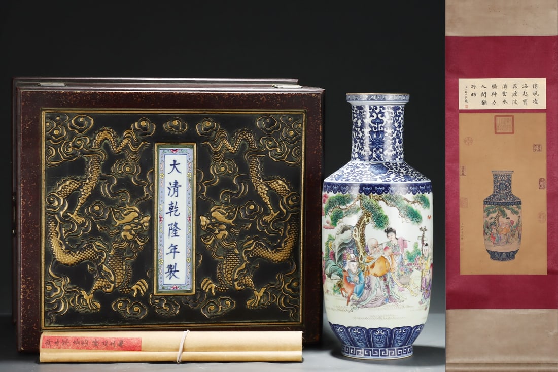 A Huge Blue and White Famille-Rose Painted Gold Character and Story Pattern Vase,with poem,with: A Huge Blue and White Famille-Rose Painted Gold Character and Story Pattern Vase,with poem,with Chinese Vertical Scroll Ink Painting on Silk,Qing Dynasty,China,Qianlong Six-character Mark,Size:(Withou