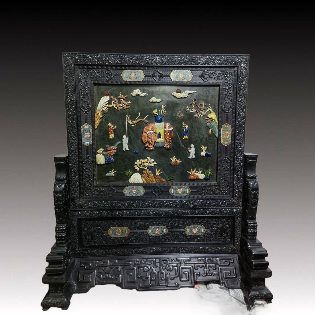 A Huge Zitanwood Inlaid Jasper Flower, Bird,Dragon and Phoenix Pattern Table Screens, Inlaid Gems (1 of 6)