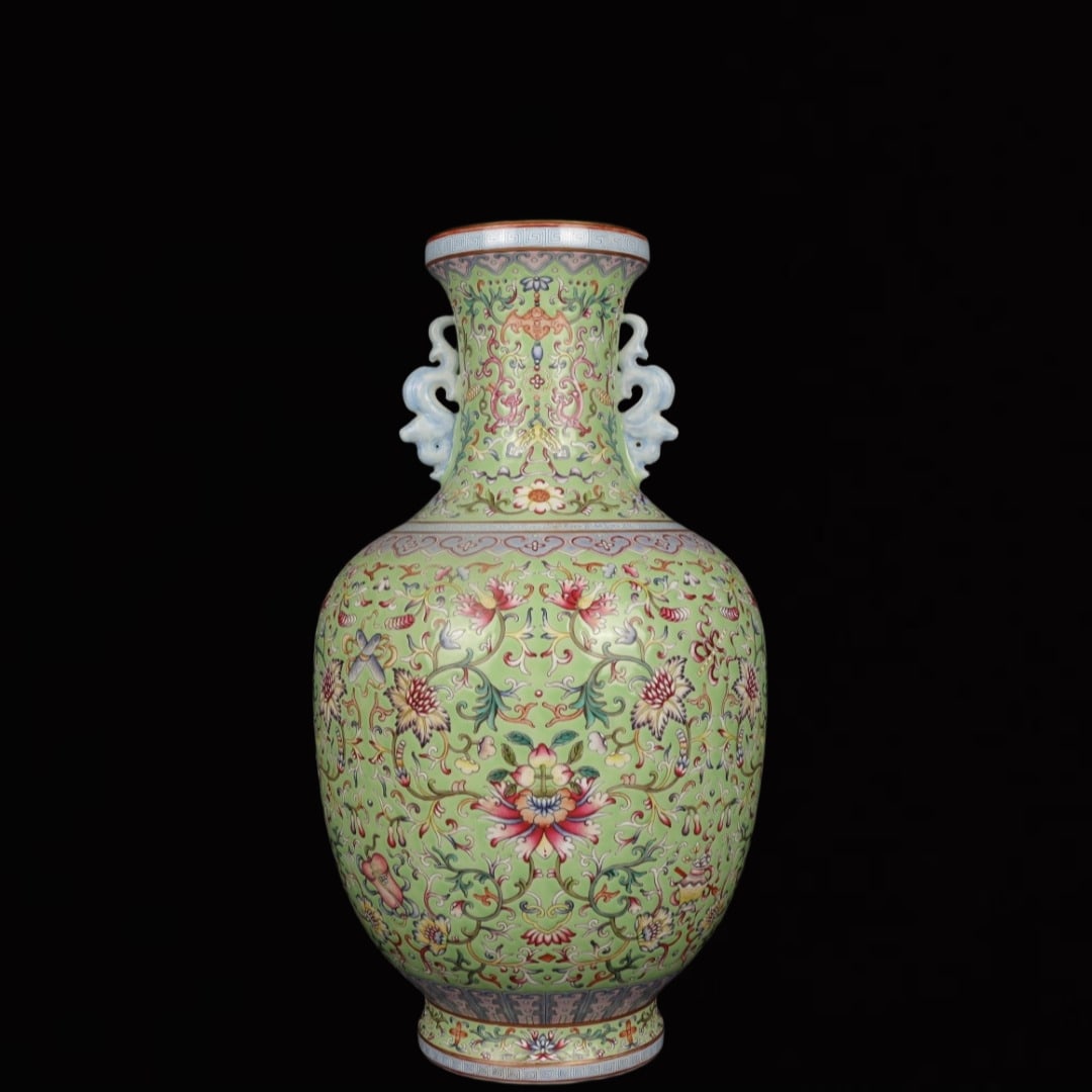 A Huge Green Ground Famille-Rose Lotus Pattern Double-Ears Vase: A Huge Green Ground Famille-Rose Lotus Pattern Double-Ears Vase,Qing Dynasty,China,Qianlong Six-character Mark,Size:16.3inx9.4in 绿地粉彩缠枝莲纹双