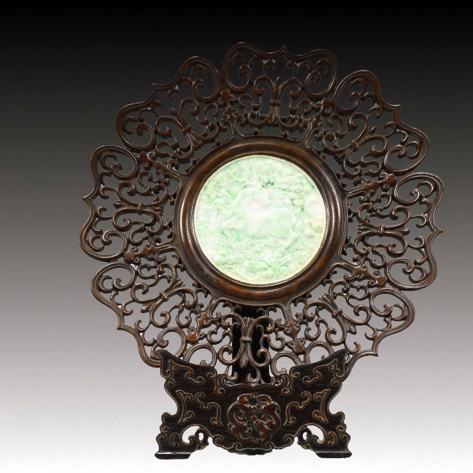 A Rare Zitanwood Inlaid Jadeite Pine and Deer Pattern Ornament: A Rare Zitanwood Inlaid Jadeite Pine and Deer Pattern Ornament,Qing Dynasty, China,Qianlong Four-character Mark,Size:11.8inx3inx13in,Weight:750g 