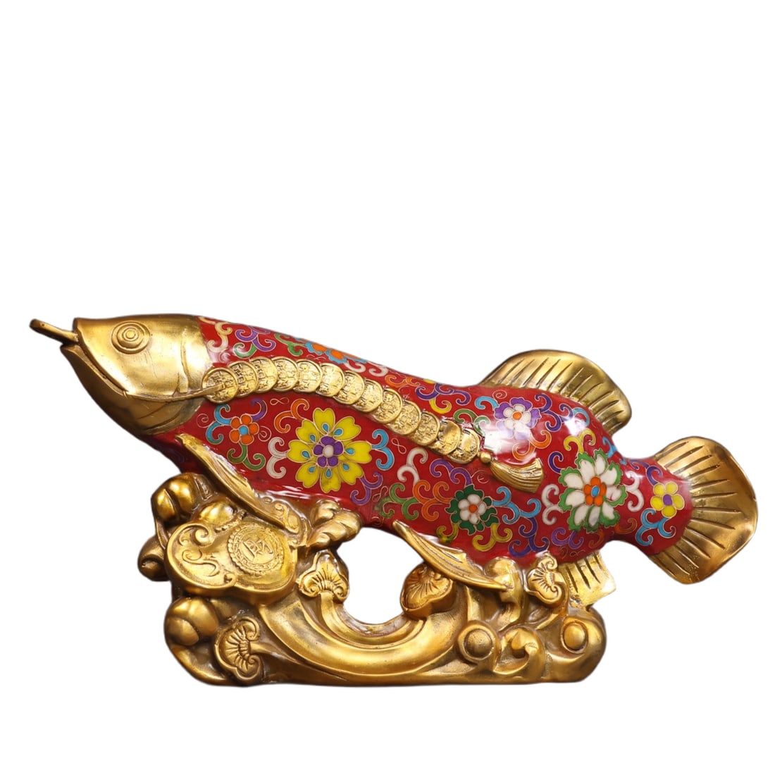 An Exquisite Gilt Bronze Cloisonne Lotus Pattern Fish Ornament: An Exquisite Gilt Bronze Cloisonne Lotus Pattern Fish Ornament,Qing Dynasty,China,Qianlong Four-character Mark,Size:7.5inx15.7inx3.5in,Weight:3050g 铜鎏金景泰蓝 