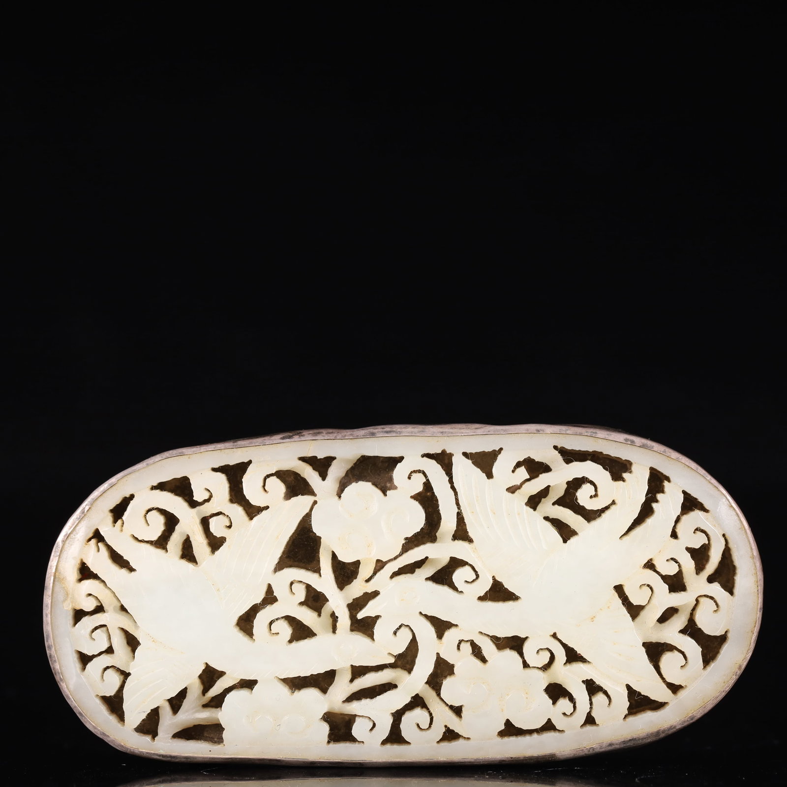 An Exquisite White Jade Inlaid Silver Flower and Bird Pattern Ornament: An Exquisite White Jade Inlaid Silver Flower and Bird Pattern Ornament,Qing Dynasty,China 白玉镶银花鸟纹摆件,中国清代