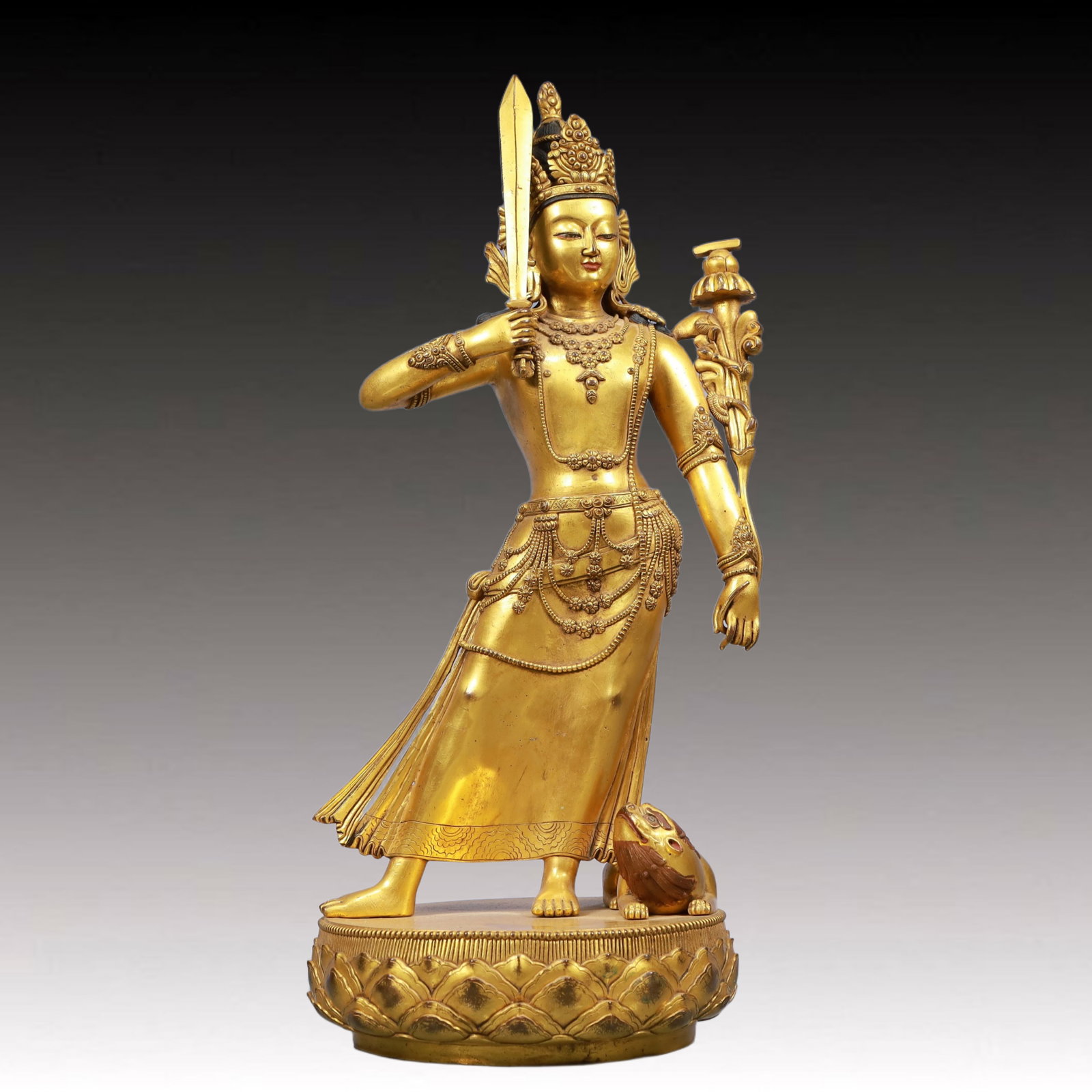 A Solemn Gilt Bronze Statue of Manjusri: A Solemn Gilt Bronze Statue of Manjusri, Ming Dynasty, China, Size:7.9inx17.3in, Weight:6400g 铜鎏金文殊菩萨像,中国明代,尺