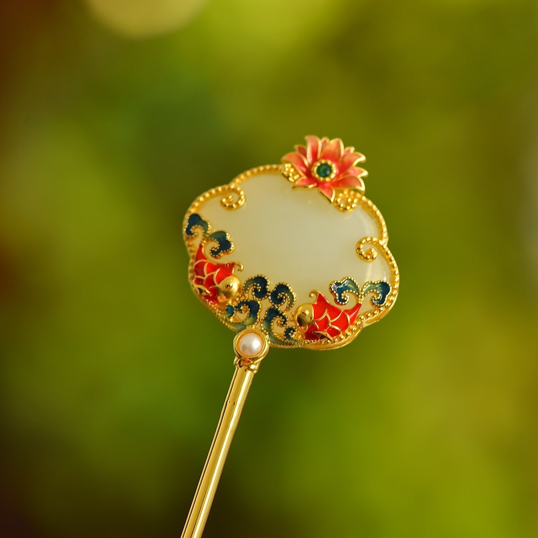 An Exquisite Sterling Silver-Gold Plated Inlaid White Jade Enamel Hairpin: An Exquisite Sterling Silver-Gold Plated Inlaid White Jade Enamel Hairpin, 纯银镀金镶白玉珐琅发簪