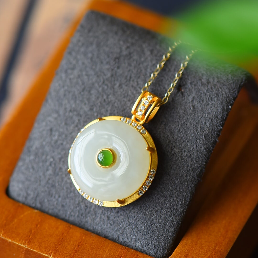 A Pair of Exquisite Sterling Silver-Gold Plated Inlaid White Jade Necklace,Inlaid Diamond: A Pair of Exquisite Sterling Silver-Gold Plated Inlaid White Jade Necklace,Inlaid Diamond,Size:0.7inx0.9in 纯银镀金镶白玉项链,嵌钻