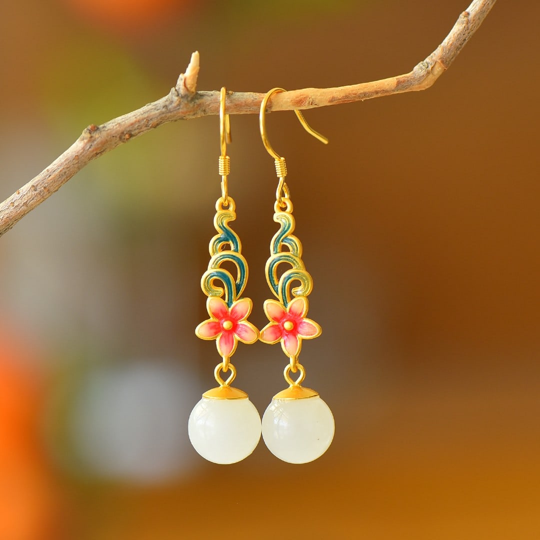 A Pair of Exquisite Sterling Silver-Gold Plated Inlaid White Jade Enamel Earrings: A Pair of Exquisite Sterling Silver-Gold Plated Inlaid White Jade Enamel Earrings 一对纯银镀金镶白玉珐琅耳环