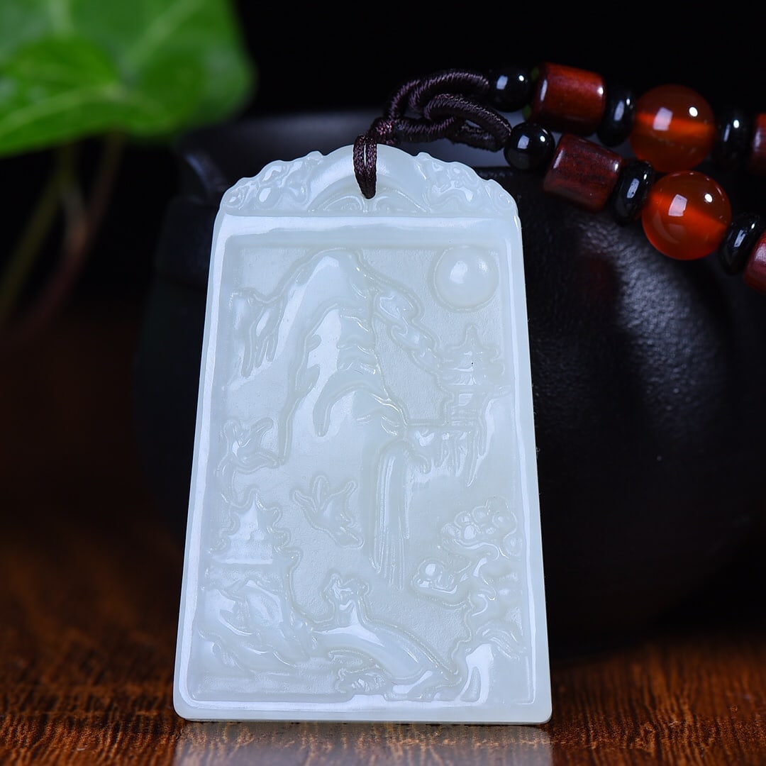 An Exquisite White Jade Landscape Pattern Pendant: An Exquisite White Jade Landscape Pattern Pendant,Size:1.3inx2in 白玉山水纹挂件