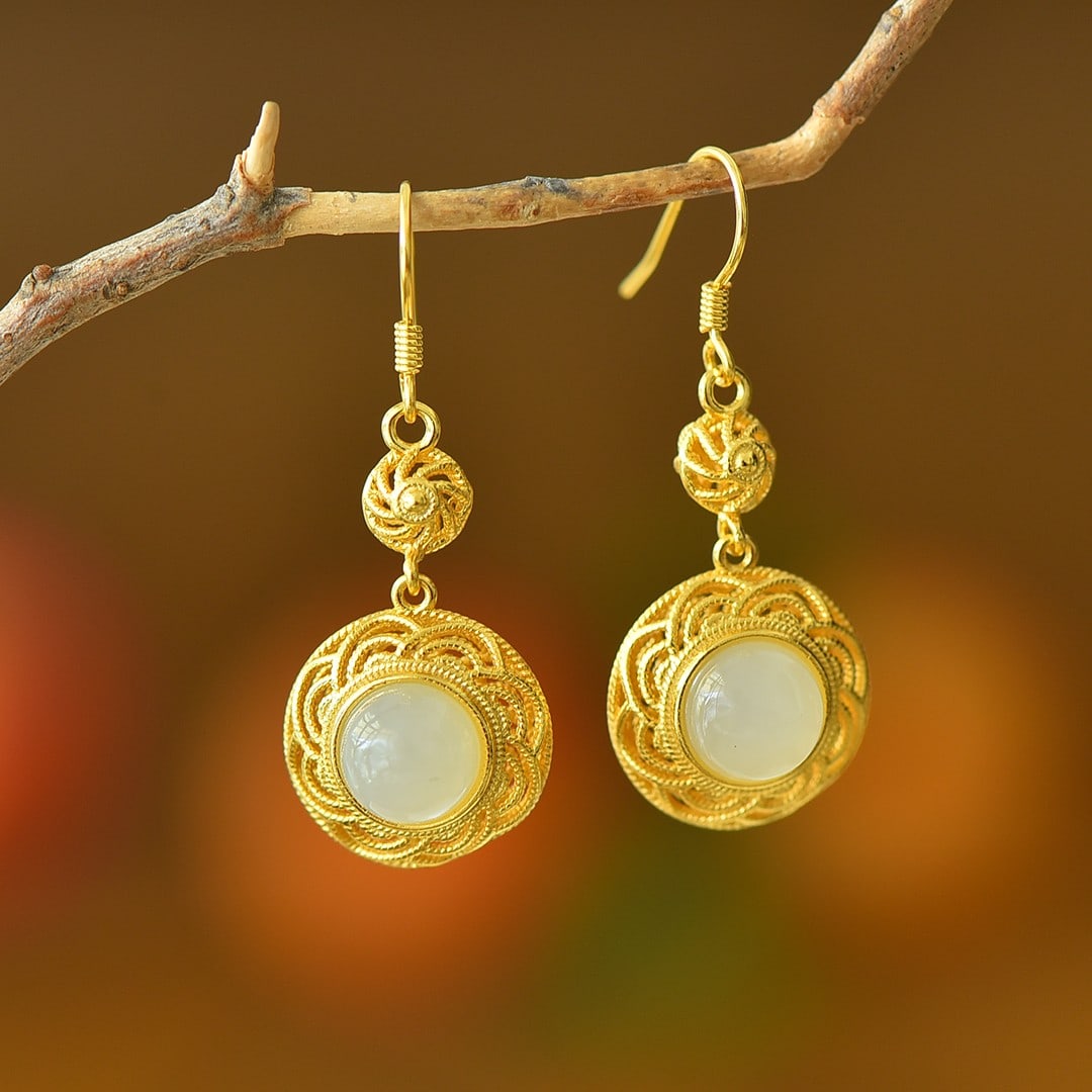 A Pair of Exquisite Sterling Silver-Gold Plated Inlaid White Jade Earrings: A Pair of Exquisite Sterling Silver-Gold Plated Inlaid White Jade Earrings 一对纯银镀金镶白玉耳环