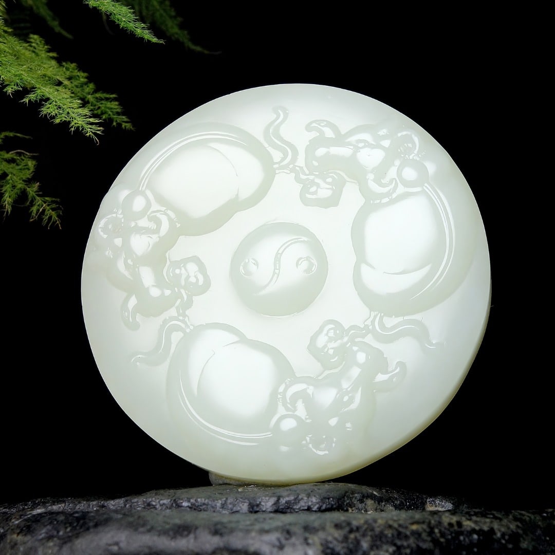 An Exquisite White Jade Buffalo Pattern Pendant: An Exquisite White Jade Buffalo Pattern Pendant,Size:2inx2inx0.3in 白玉牛纹挂件