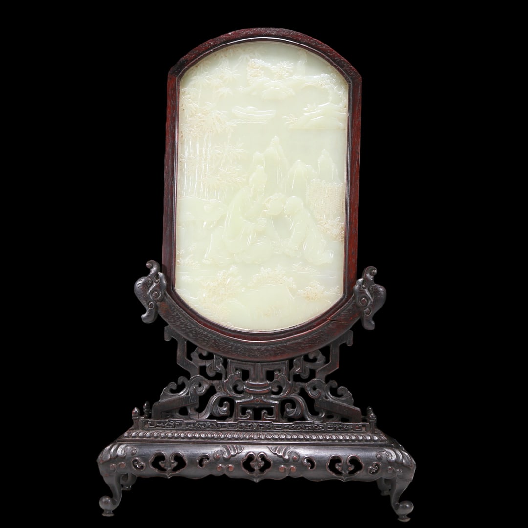 An Elaborate Imperial Zitanwood White Jade-Inlaid 'Figure' Table Screen (1 of 13)