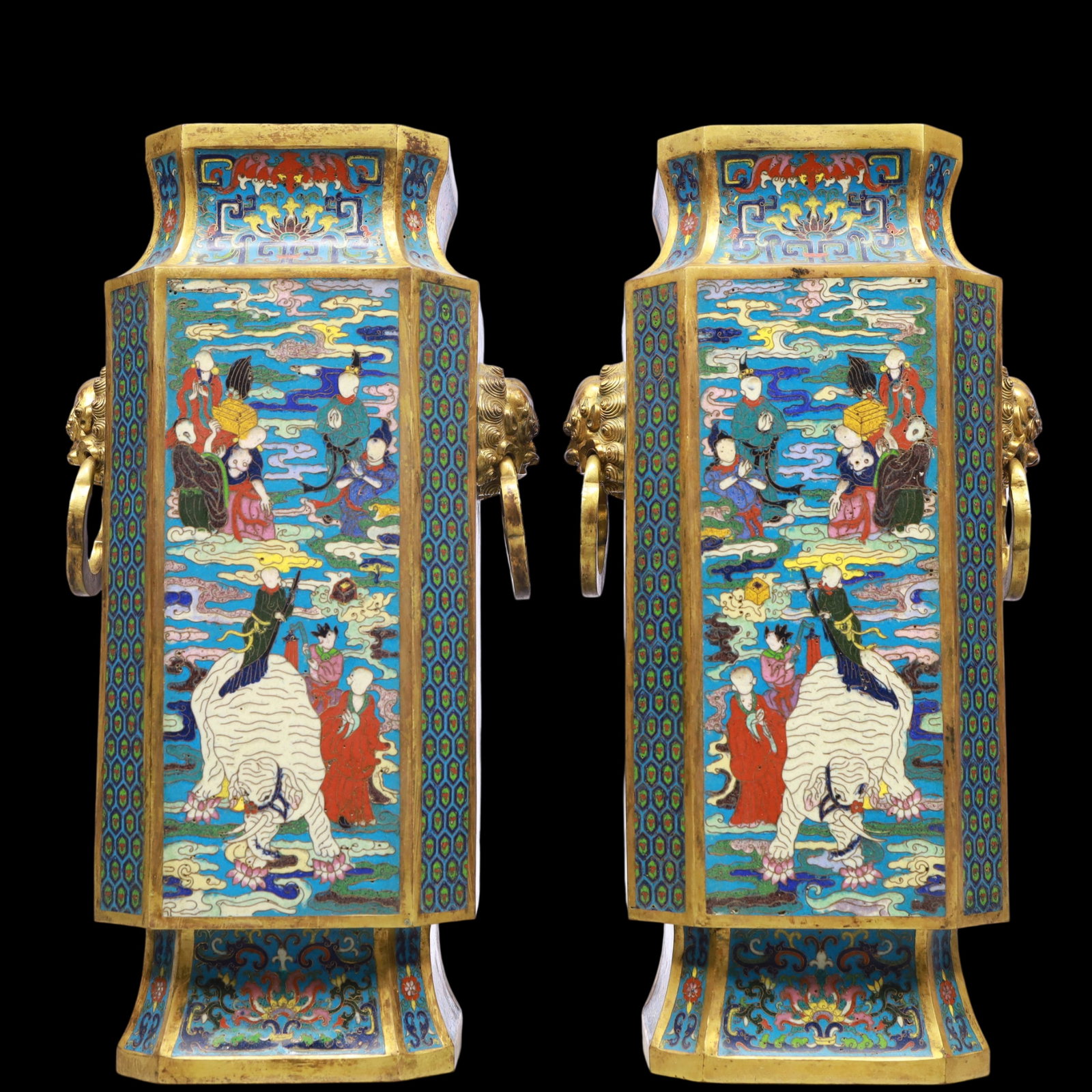 A Exquisite A pair of Cloisonne Lotus Pattern Character and Story Pattern Double-Ears Vase: A Exquisite A pair of Cloisonne Lotus Pattern Character and Story Pattern Double-Ears Vase Qing Dynasty, China Qianlong Four-character Mark Size:7.5inx14.6in
