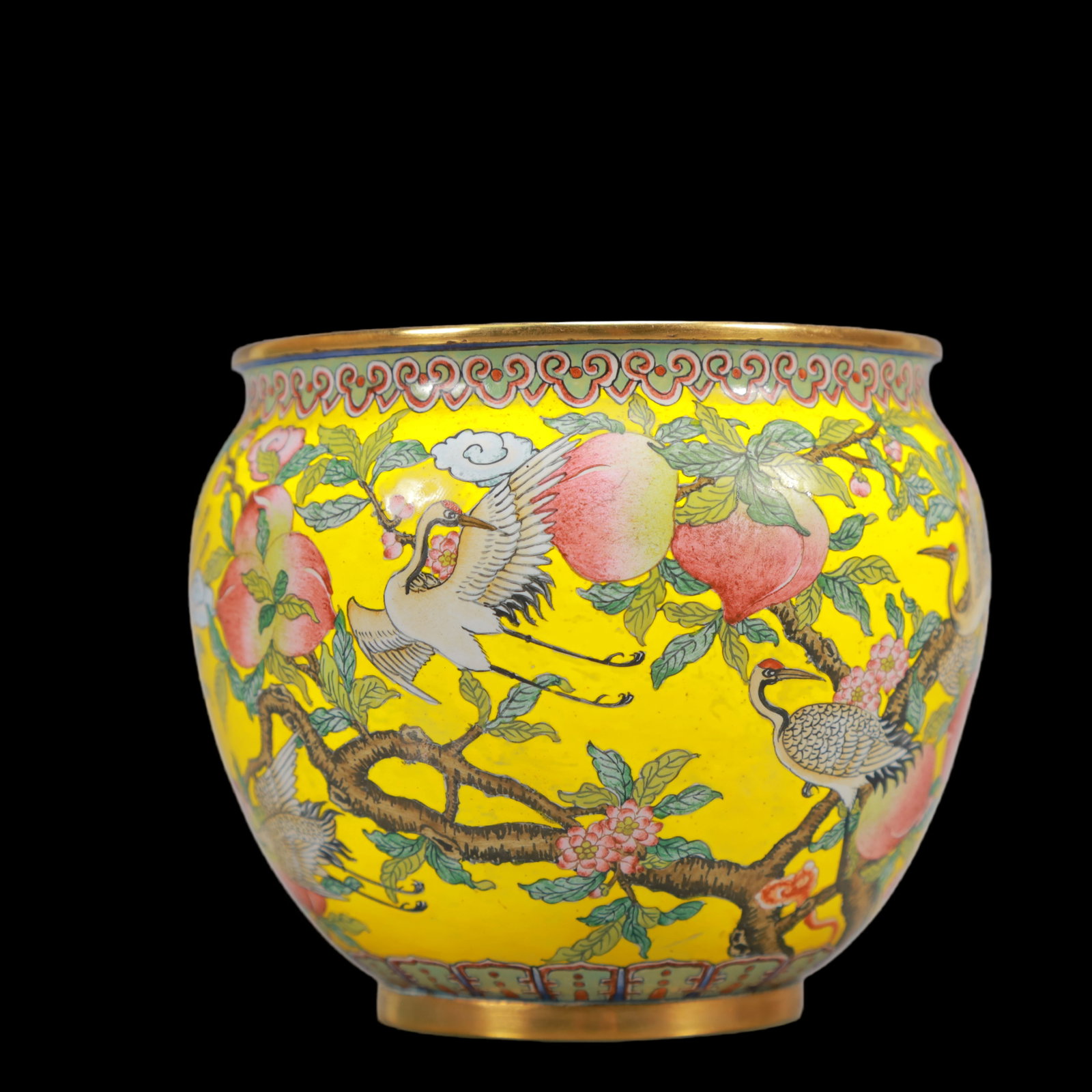 A Exquisite Coppery Enamel Flower and Fruit Pattern Crane Pattern Vat: A Exquisite Coppery Enamel Flower and Fruit Pattern Crane Pattern Vat Qing Dynasty, China Qianlong Four-character Mark Size:3.7inx3.5in