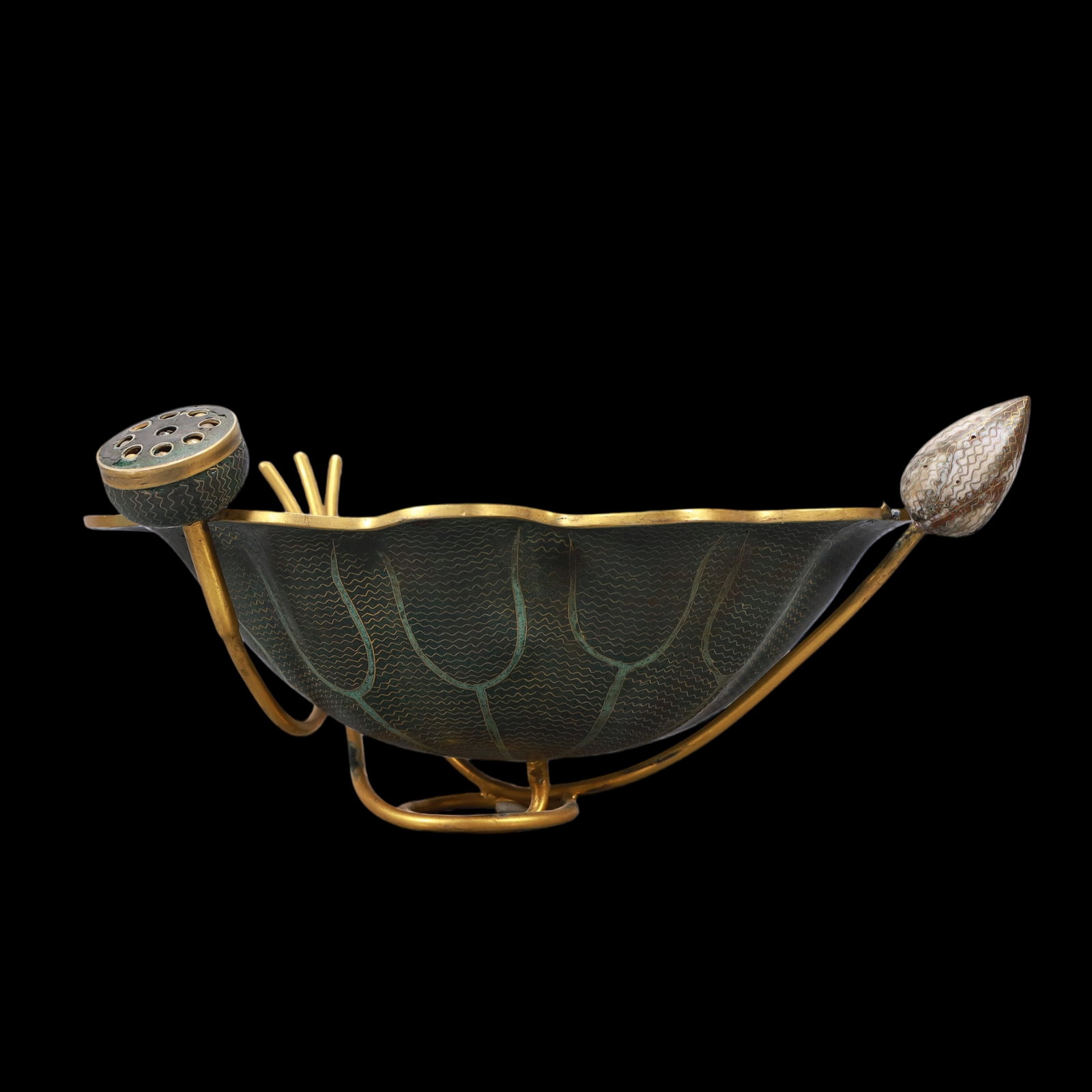 A Exquisite Coppery Lotus-Form Plate: A Exquisite Coppery Lotus-Form Plate Qing Dynasty, China Size:13inx9.6inx5.9in Weight:1350g铜荷花形盘 中国清代 Size:33cmx24.5cmx15cm Weight:1350g