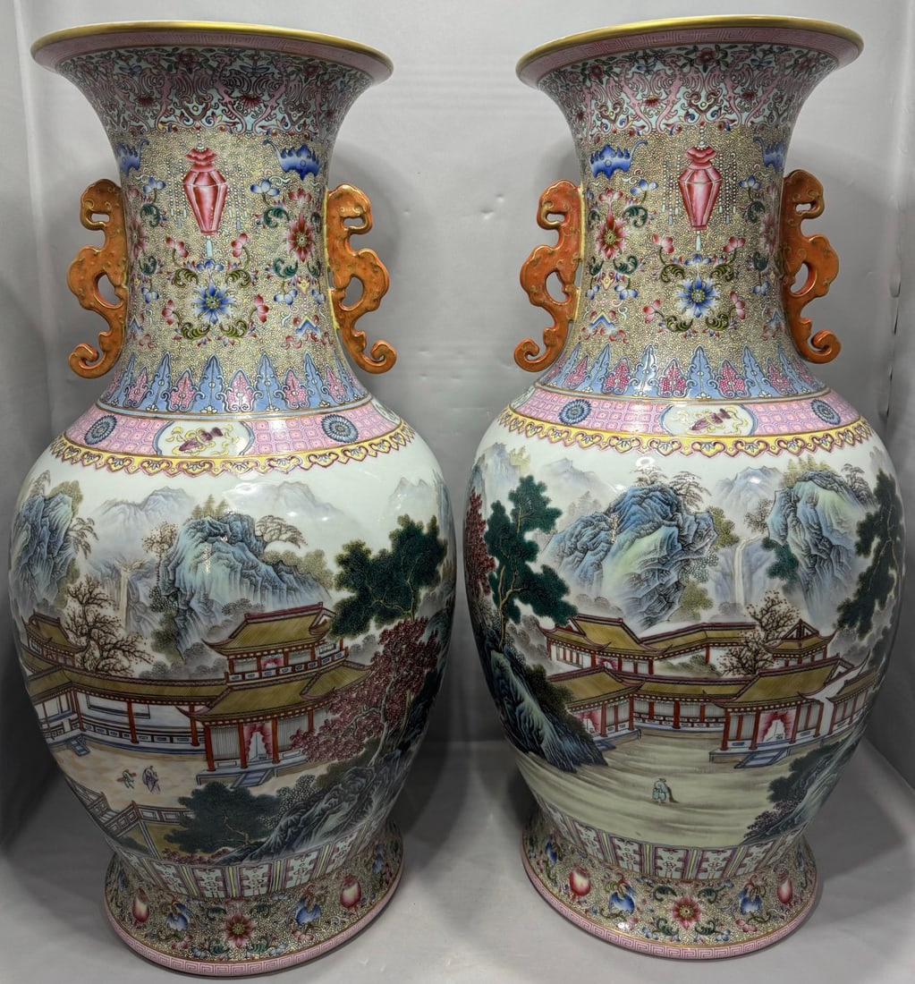 An Exquisite Enamel Lotus Pattern Landscape Pattern Double-Ears Vase: An Exquisite Enamel Lotus Pattern Landscape Pattern Double-Ears Vase Qing Dynasty, China Qianlong Six-character Mark Size:22.4inx11.4in珐琅彩古月轩山水&
