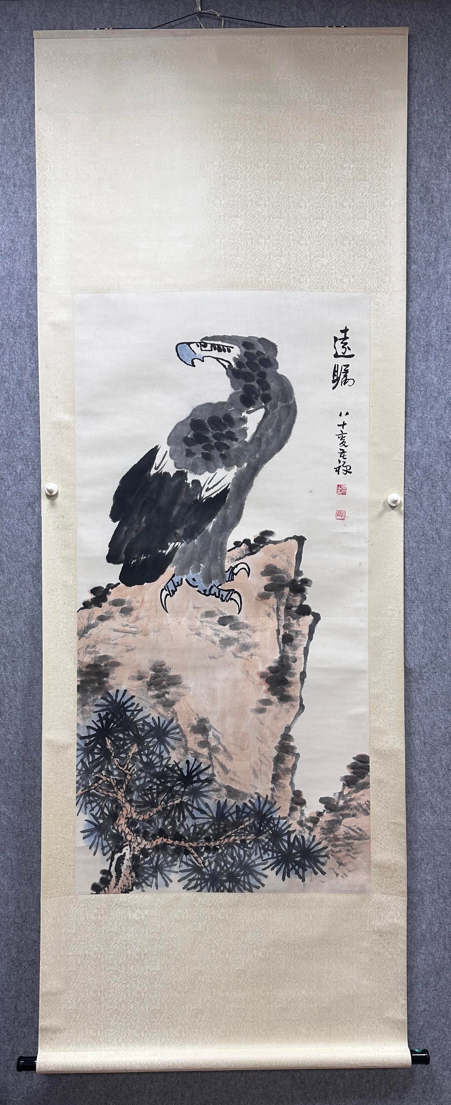 A Chinese Vertical Scroll Ink Painting of Eagle on Paper: A Chinese Vertical Scroll Ink Painting of Eagle on Paper Li kuchan Without frame Size:53.5inx26.8in李苦禅鹰 纸本立轴Without frame Size:136cmx68cm