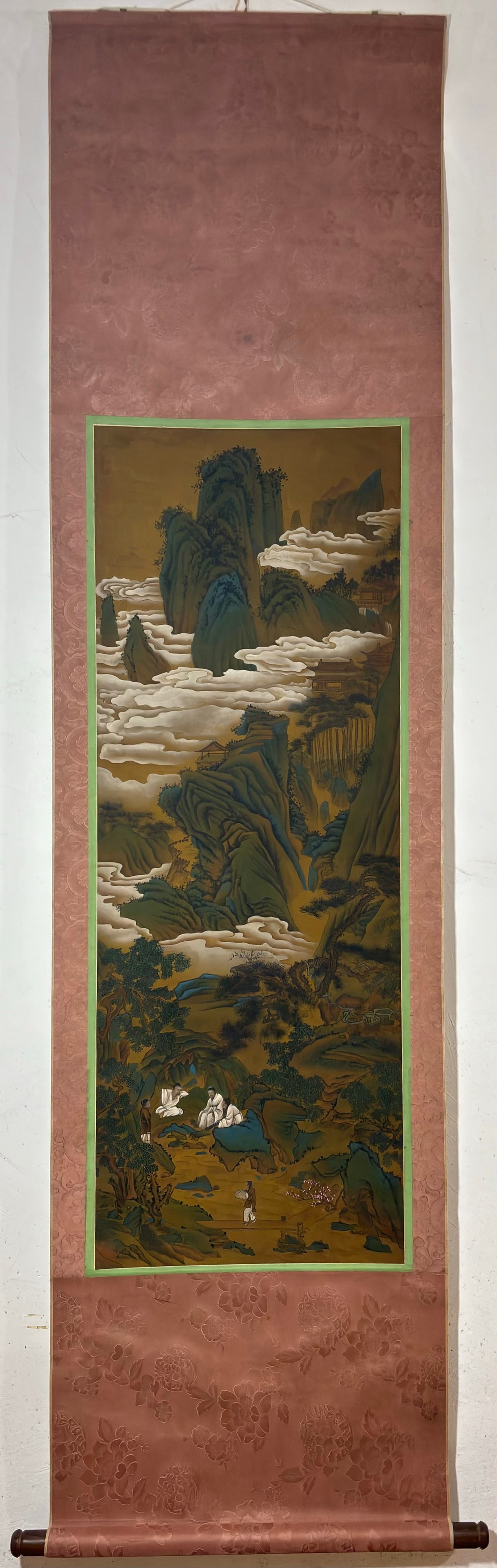A Chinese Vertical Scroll Ink Painting of Landscape and Figure on Silk: A Chinese Vertical Scroll Ink Painting of Landscape and Figure on Silk Qiu ying Without frame Size:46.5inx17.1in仇英山水人物图