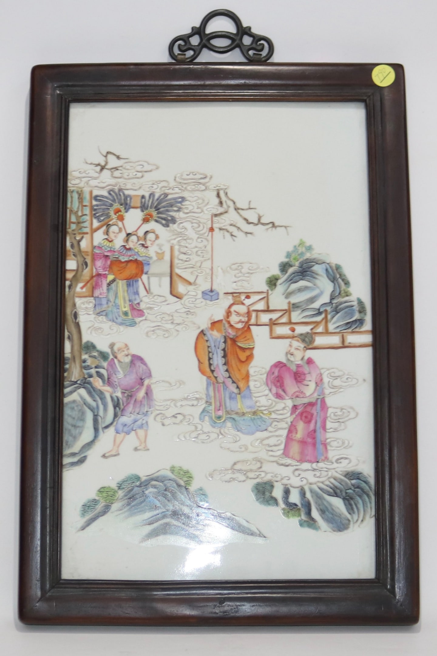 An Exquisite Famille-Rose Character and Story Pattern Flower and Bird Pattern Hanging Panel: An Exquisite Famille-Rose Character and Story Pattern Flower and Bird Pattern Hanging Panel Qing Dynasty, China Size:19.3inx13.2in瓷板画外框