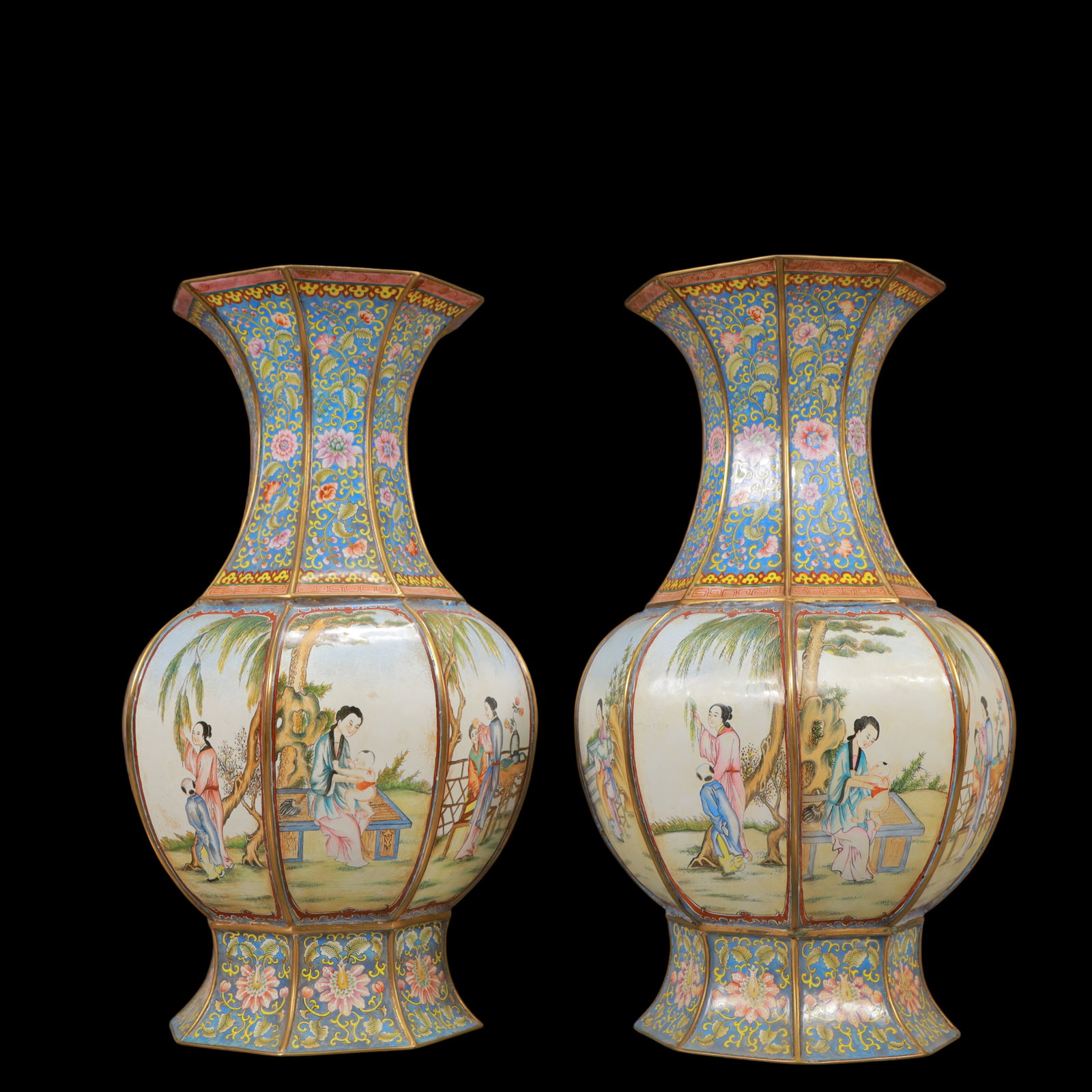 A Exquisite A pair of Coppery Enamel Lotus Pattern Character and Story Pattern Vase: A Exquisite A pair of Coppery Enamel Lotus Pattern Character and Story Pattern Vase Qing Dynasty, China Qianlong Four-character Mark Size:7.9inx13.2in Weight:4100g一对铜珐ĩ
