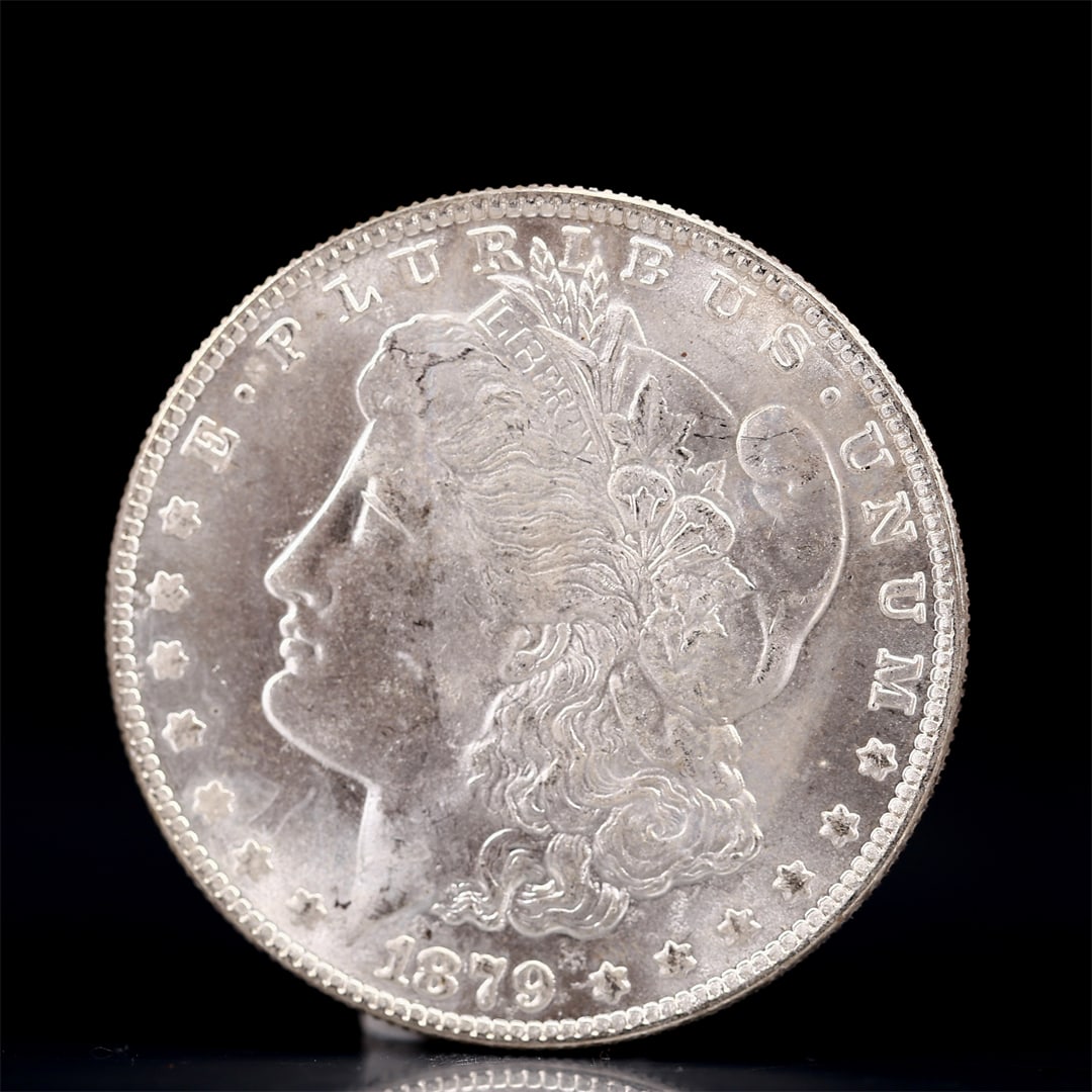 USA Morgan Dollar 1879 Coin: Obv: profile bust with date below and E PLURIBUS UNUM legend and stars around. Rev: eagle with In God we trust above within wreath with UNITED STATES OF AMERICA ONE DOLLAR legend. IN GOD WE TRUST /