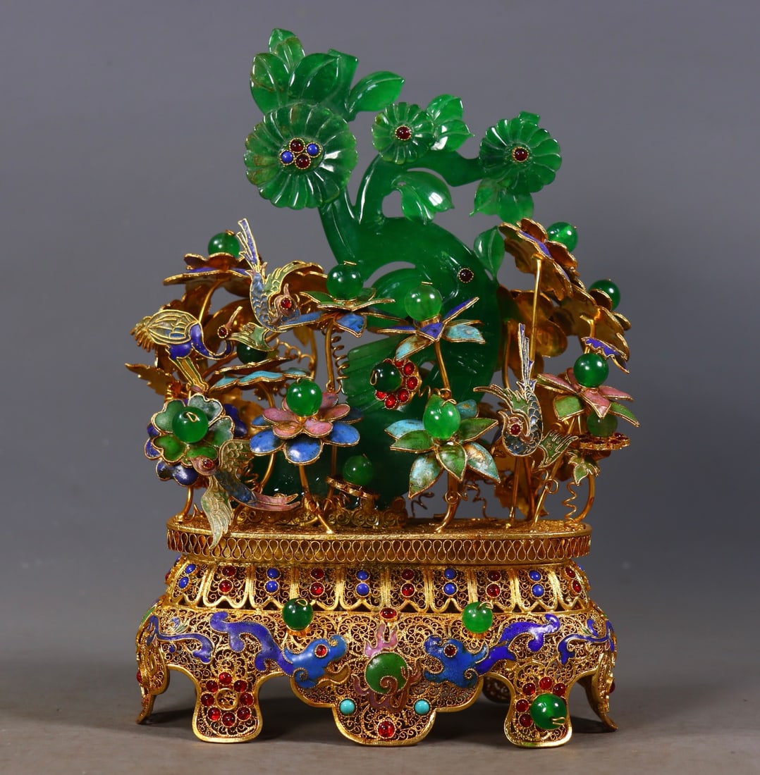 An Exquisite Gilt Bronze Inlaid Jadeite Flower and Bird Pattern Rockery Ornament: An Exquisite Gilt Bronze Inlaid Jadeite Flower and Bird Pattern Rockery Ornament Qing Dynasty, China Qianlong Four-character Mark Size:9.4inx6.7inx3.1in