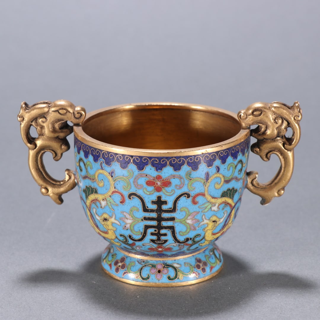 An Exquisite Cloisonne Dragon Pattern Lotus Pattern Double-Ears Libation Cup - 8