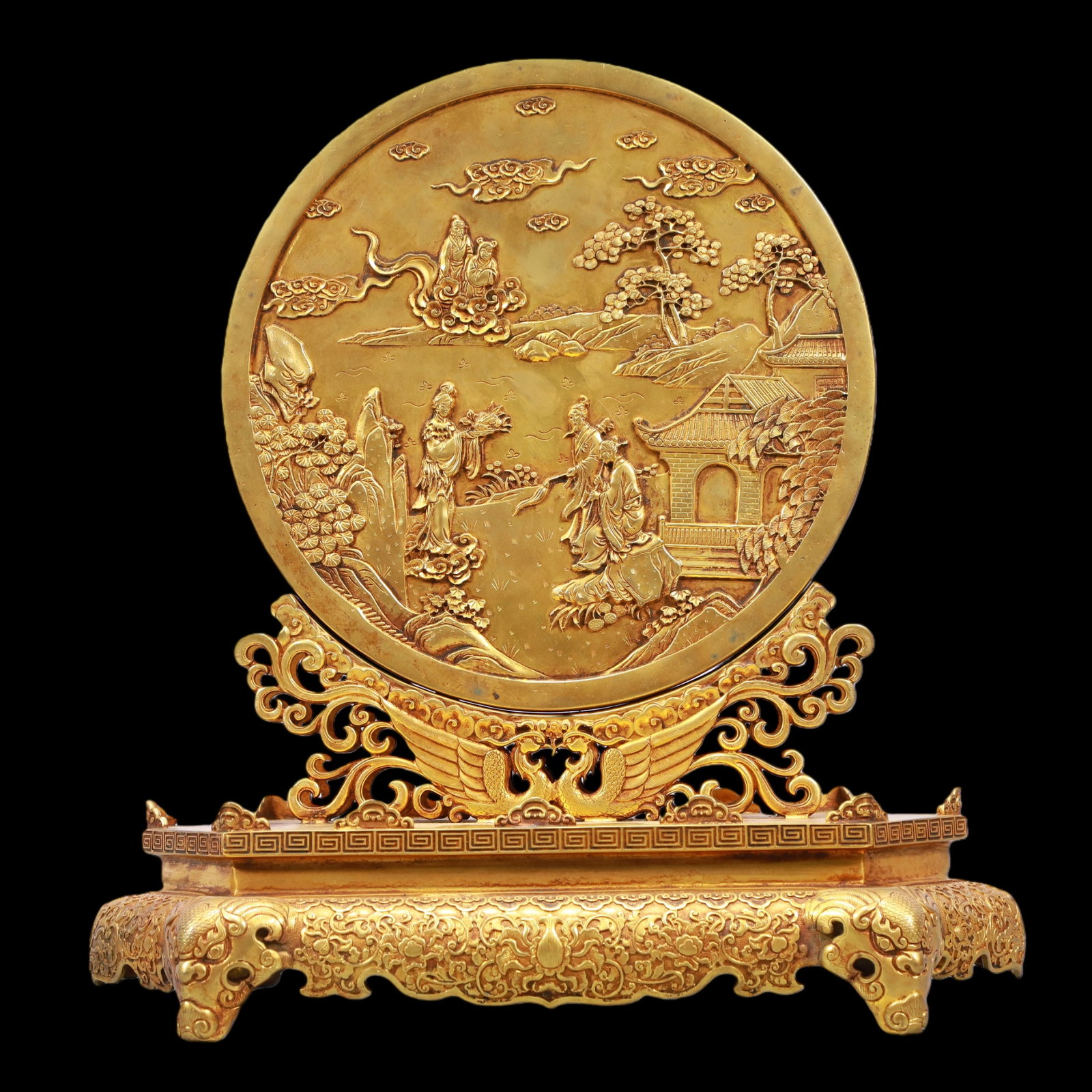 A Exquisite Gilt Bronze Landscape and Figure Pattern Lotus Pattern Screen (1 of 12)