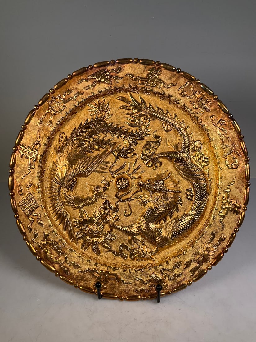 An Exquisite Gilt Silver Dragon and Phoenix Pattern Plate: An Exquisite Gilt Silver Dragon and Phoenix Pattern Plate Modern Time of China Size:12.2in Weight:522g银鎏金鱼子纹龙凤呈祥纹盘 &