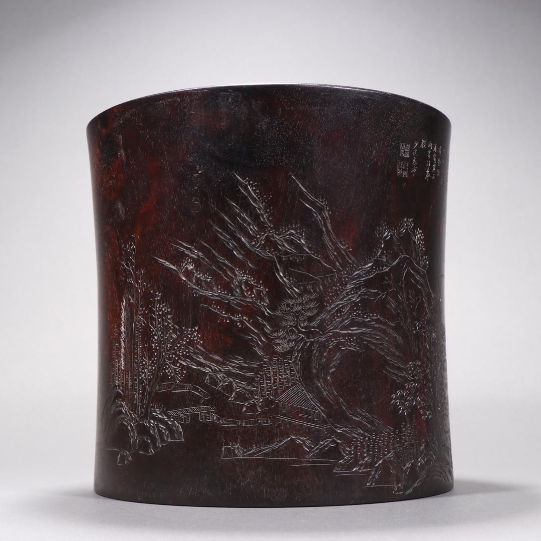 An Exquisite Zitanwood Landscape Pattern Brush Pot: An Exquisite Zitanwood Landscape Pattern Brush Pot Qing Dynasty, China Size:8.3inx8.3in Weight:2000g紫檀木雕山水笔筒 中国清代