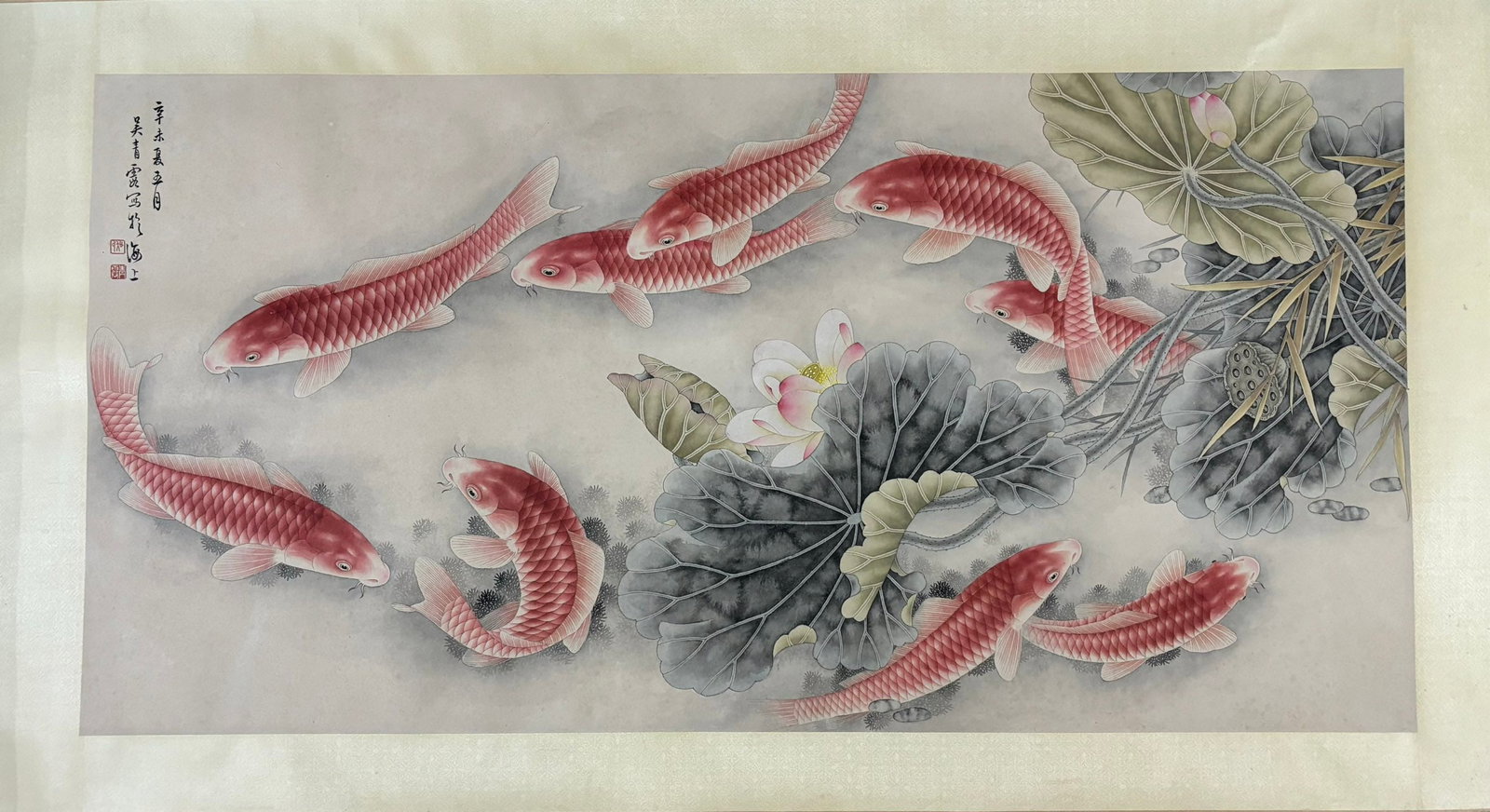 An Fabulous Chinese Ink Fish By Paper: An Fabulous Chinese Ink Fish By Paper Wu qingxia Without frame Size:50.4inx25.4in吴青霞莲年有余图 纸本Without frame Size:128cmx64.5cm