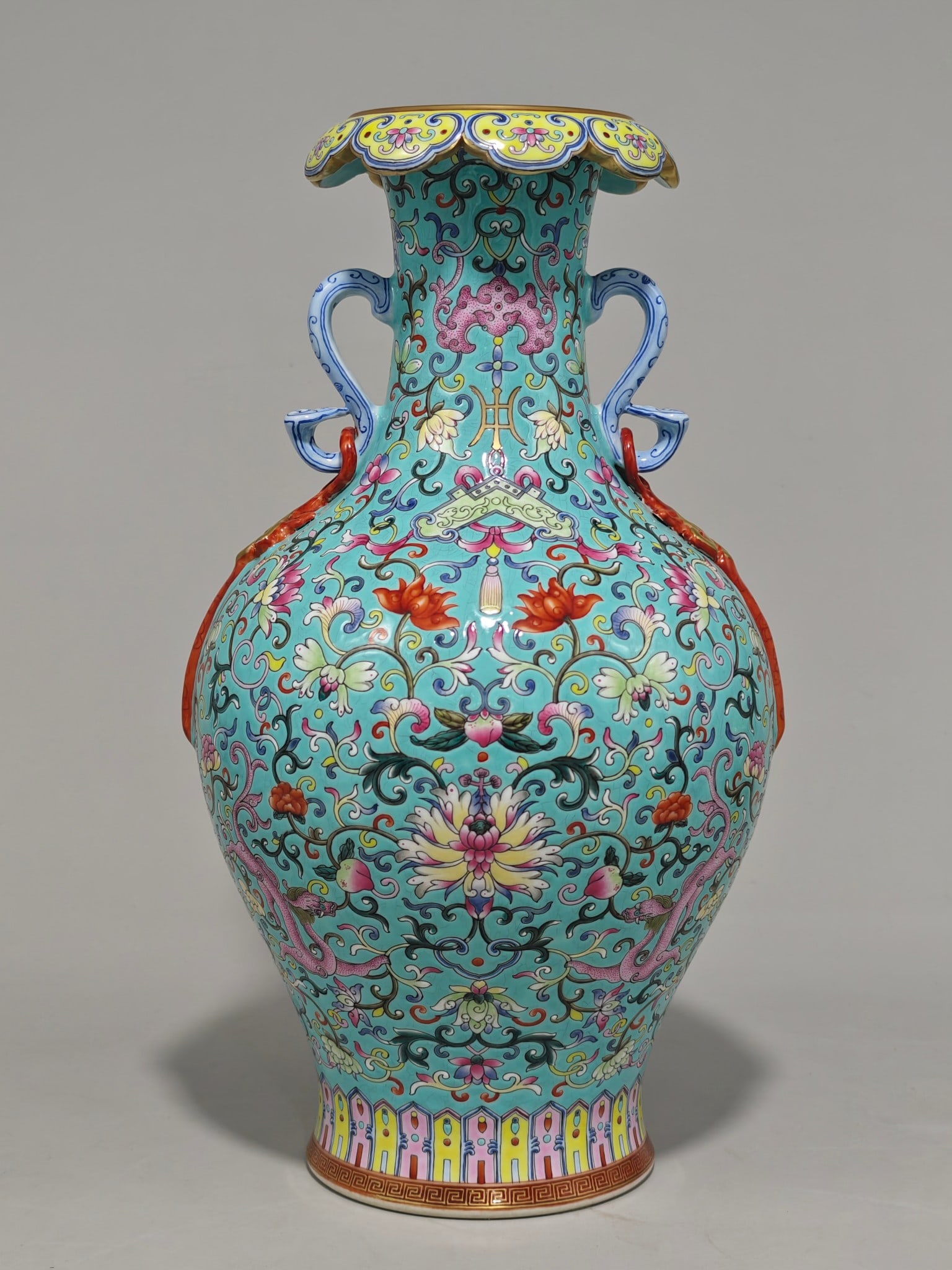 An Exquisite Famille-Rose Lotus Pattern Bats and Peach Pattern Dragon Pattern Double-Ears Vase: An Exquisite Famille-Rose Lotus Pattern Bats and Peach Pattern Dragon Pattern Double-Ears Vase Qing Dynasty, China Jiaqing Six-character Mark