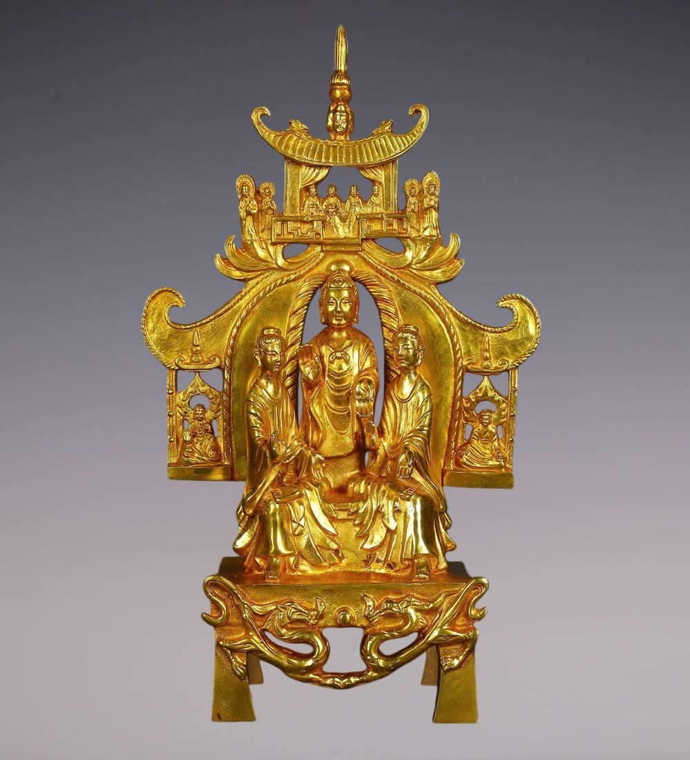 An Exquisite Gilt Bronze Buddha Statue: An Exquisite Gilt Bronze Buddha Statue N.Wei , China Size:9.4inx15.7in Weight:2950g鎏真金佛像 北魏时期 Size:24cmx40cm Weight:2950g