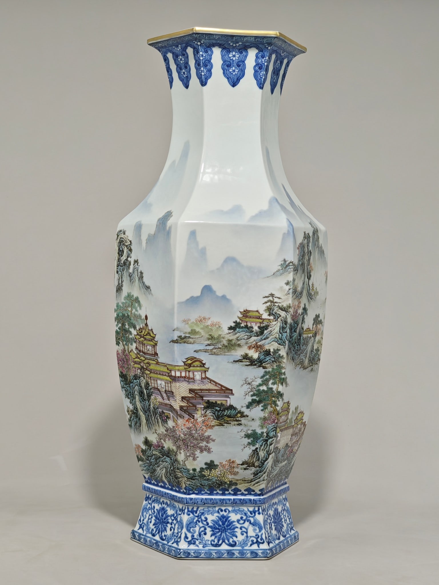 An Exquisite Famille-Rose Blue and White Lotus Pattern Landscape Pattern Vase: An Exquisite Famille-Rose Blue and White Lotus Pattern Landscape Pattern Vase Qing Dynasty, China Qianlong Six-character Mark Size:23.6inx10.6in粉青花缠枝莲图