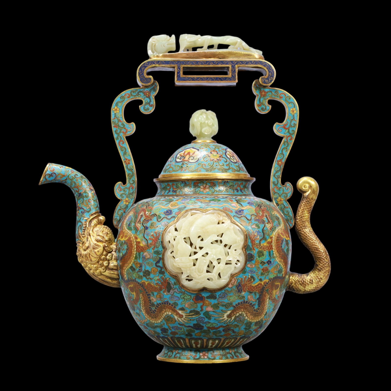 A Exquisite Cloisonne Inlaid White Jade Lotus Pattern Dragon Pattern Ewer: A Exquisite Cloisonne Inlaid White Jade Lotus Pattern Dragon Pattern Ewer Qing Dynasty, China Qianlong Four-character Mark Size:12.2inx7.1inx13.4in