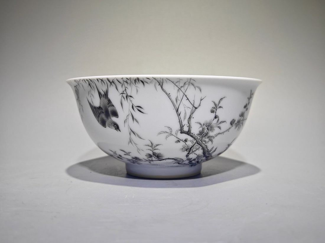 An Exquisite Ink Color Flower and Bird Pattern with poem Bowl: An Exquisite Ink Color Flower and Bird Pattern with poem Bowl Qing Dynasty, China Yongzheng Six-character Mark Size:2.9inx6.1in墨彩花鸟诗文碗