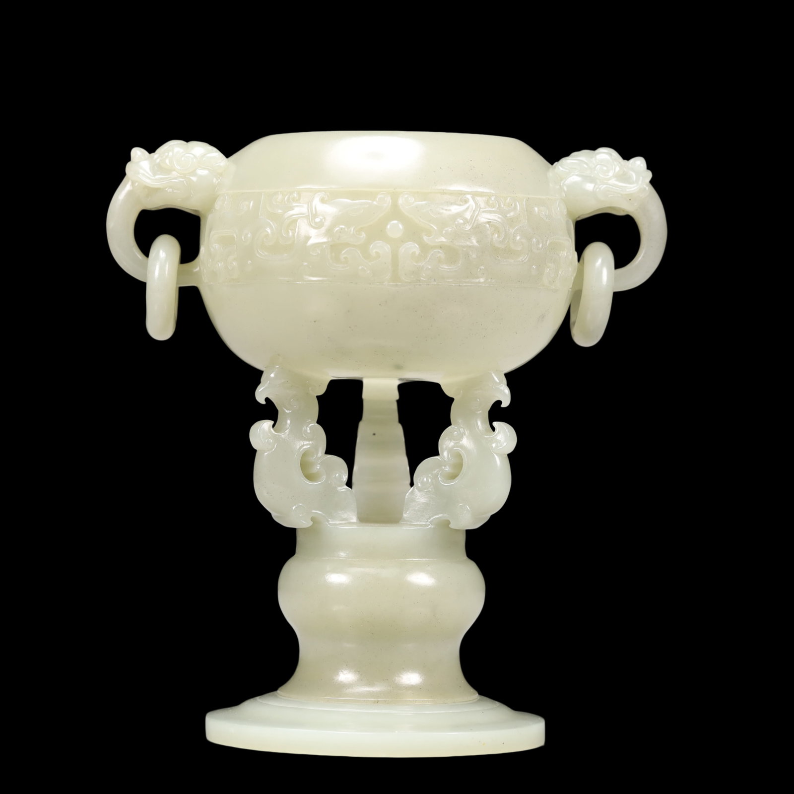 An Exquisite Green Jade Dragon Pattern Double-Ears and Tripod Censer: An Exquisite Green Jade Dragon Pattern Double-Ears and Tripod Censer Qing Dynasty, China Size:5.9inx3.7inx9.8in
