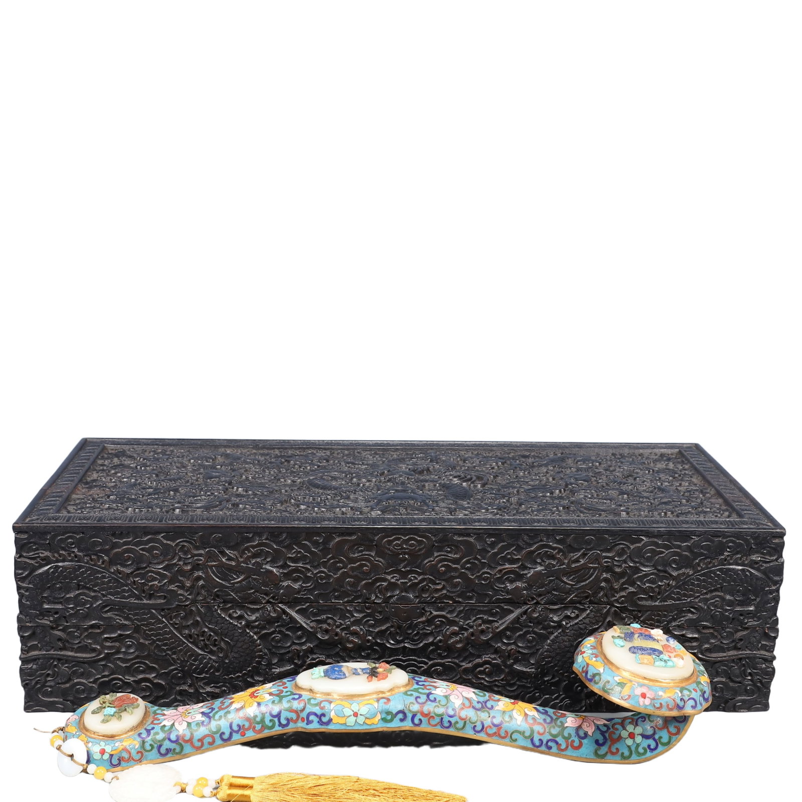 A Huge Cloisonne Inlaid White Jade Lotus and Figure Pattern Ruyi,Inlaid Gems,With Auspicious Cloud (1 of 14)