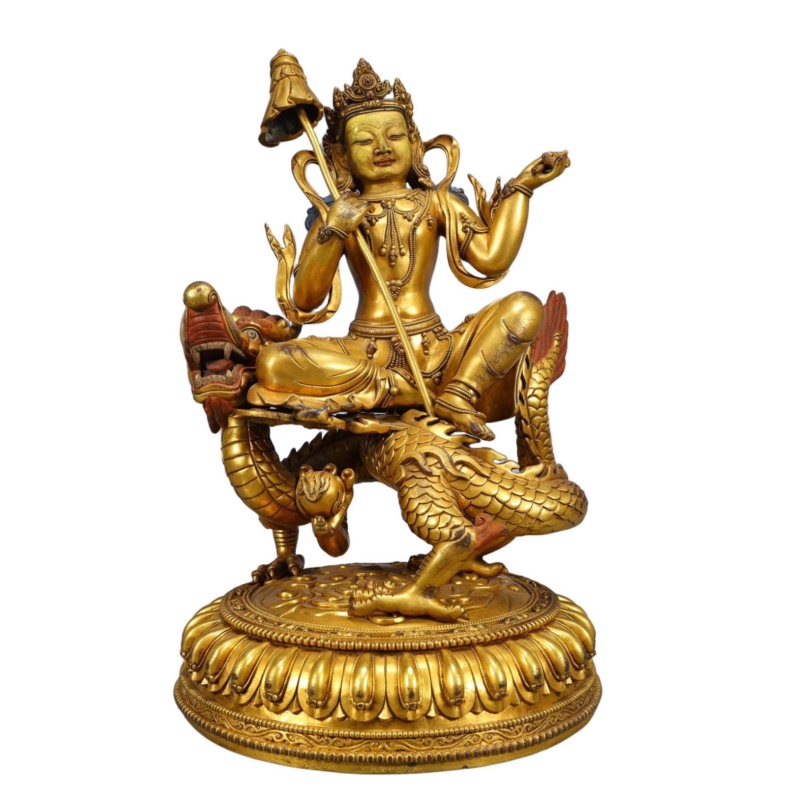 A Solemn Gilt Bronze Statue of Avalokitesvara Rides the Dragon: A Solemn Gilt Bronze Statue of Avalokitesvara Rides the Dragon,Qing Dynasty, China,Size:9.1inx8.7inx15.4in,Weight:9550g 铜鎏金骑龙观音像,中国