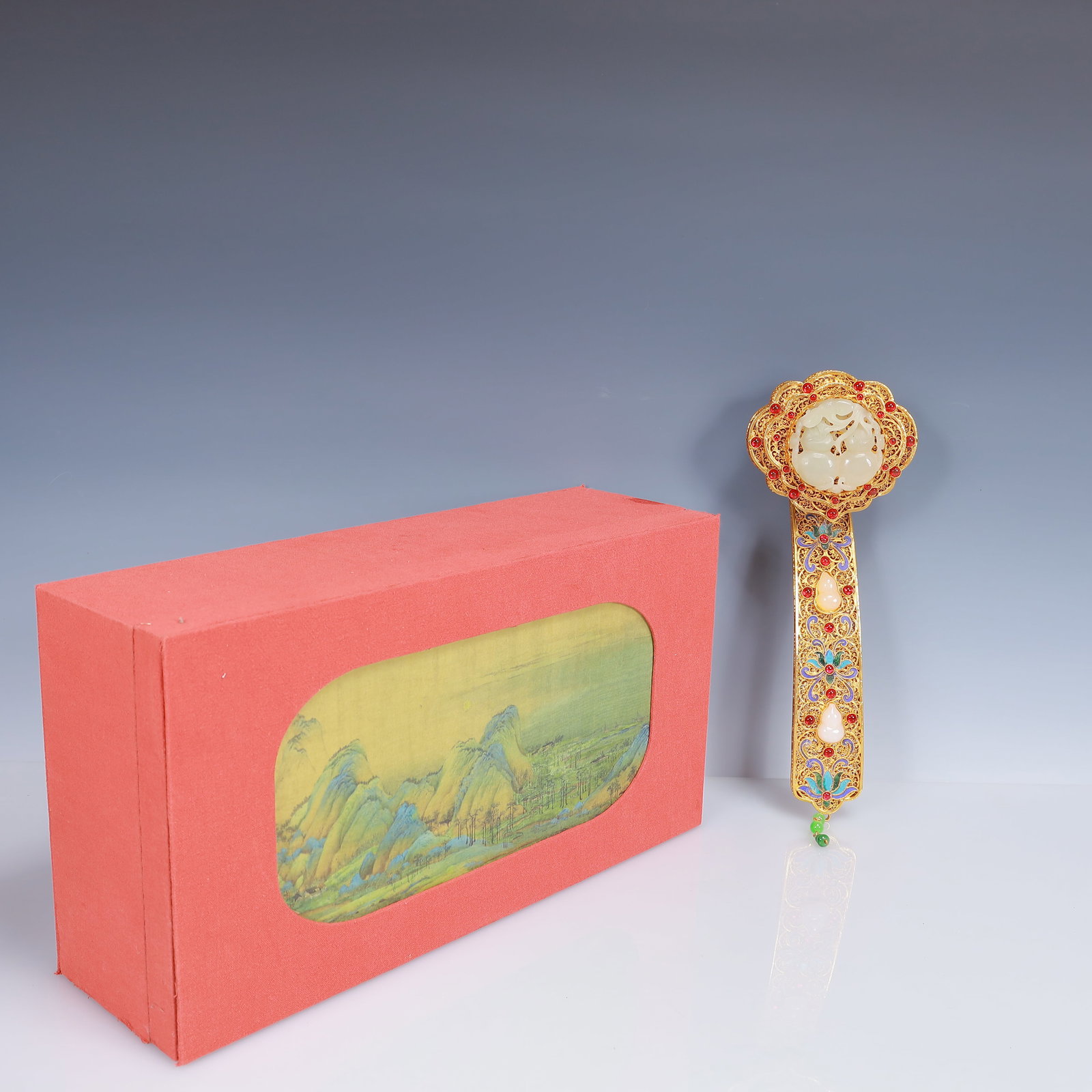 An Exquisite Filigree and Gilding Inlaid White Jade Gourd Pattern Ruyi Ornament,Inlaid Gems (1 of 9)